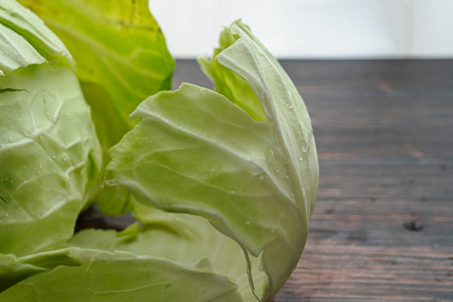 Fresh cabbage leaves resting on a wooden table