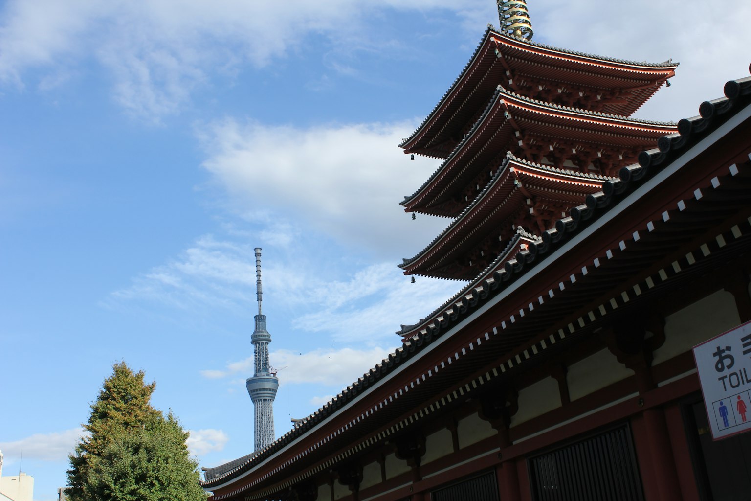 Contraste entre la Tokyo Skytree et l'architecture traditionnelle du temple