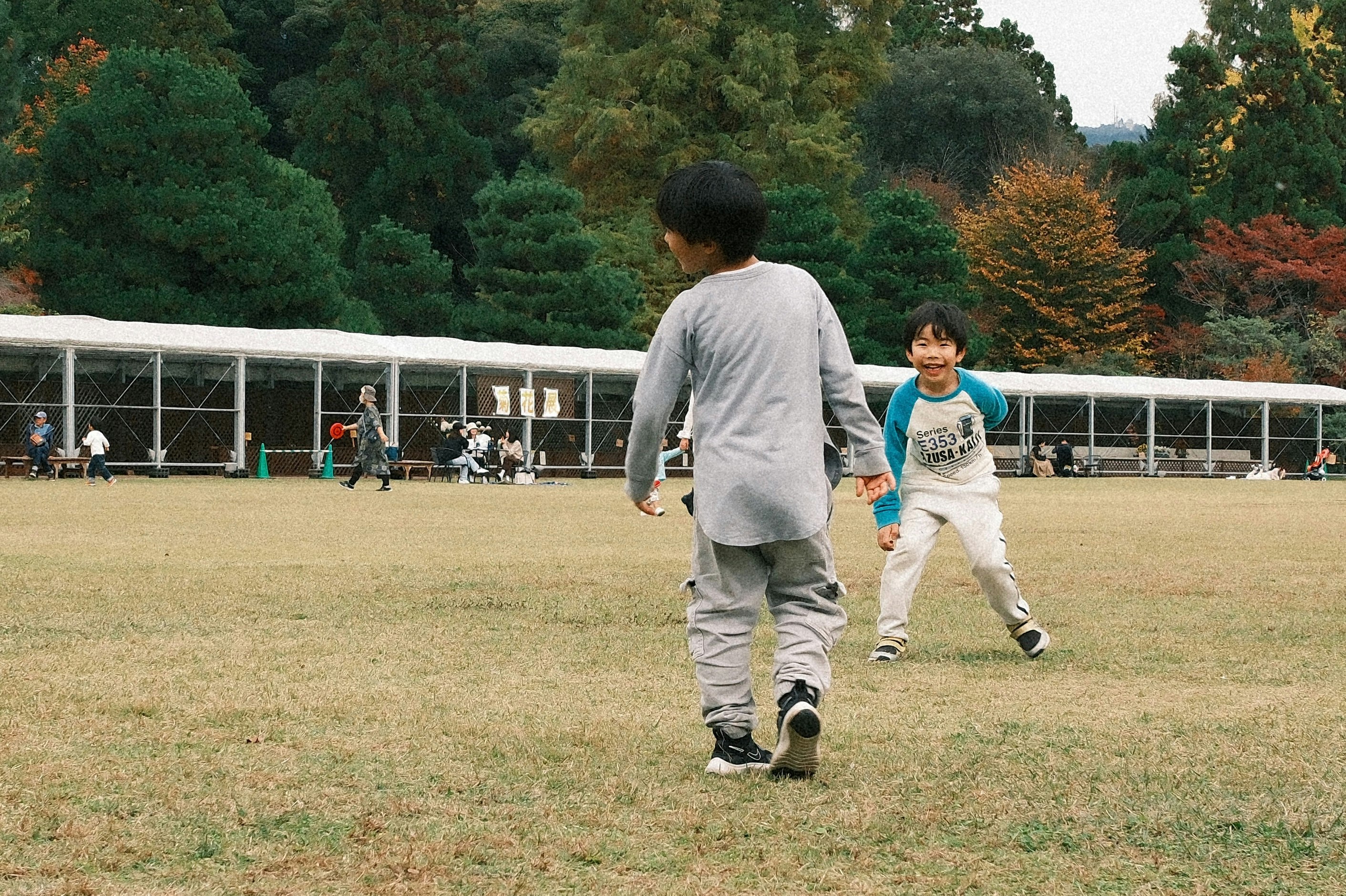 芝生の広場を歩く親子と子ども