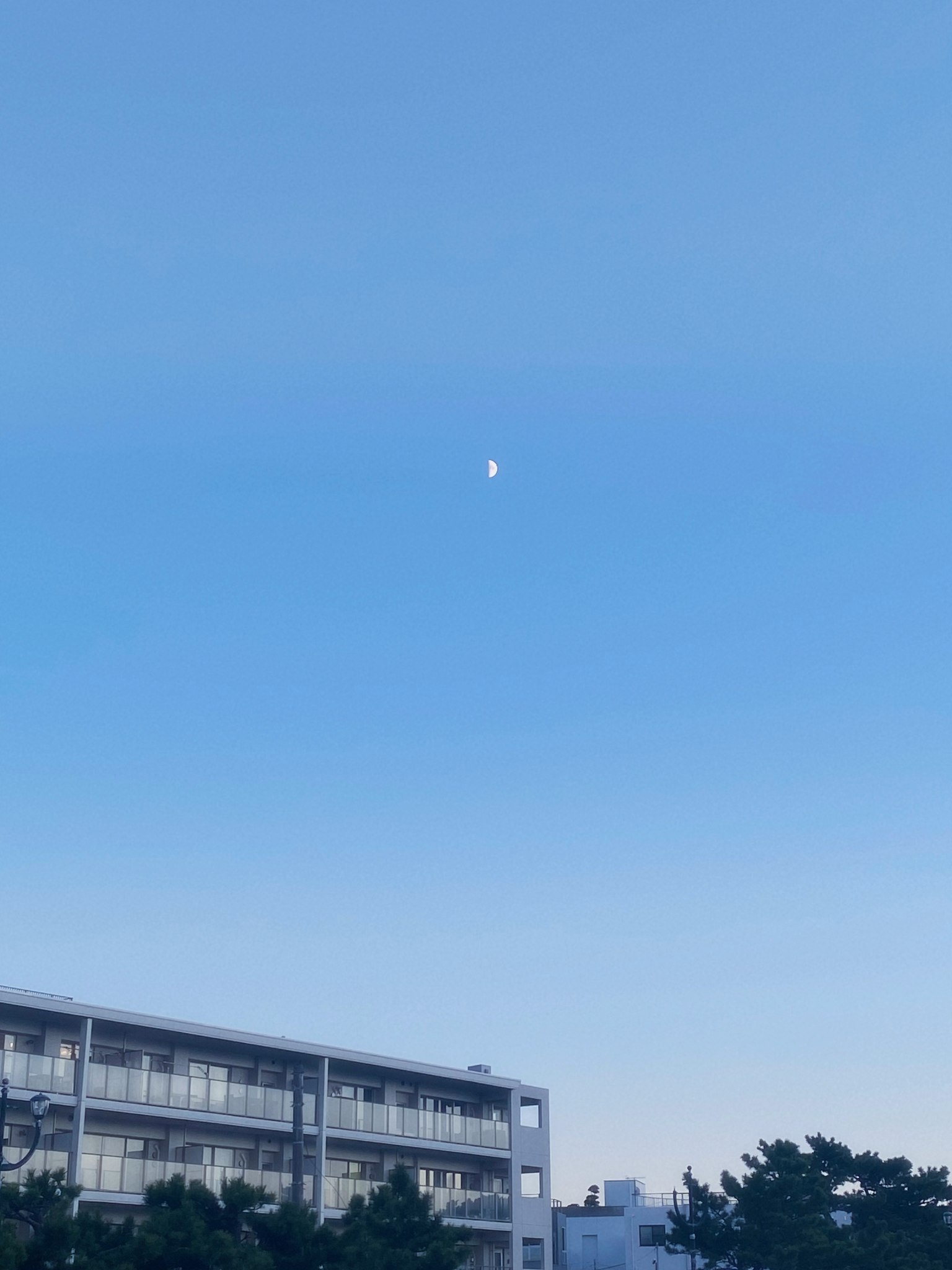 Luna visibile in un cielo blu chiaro sopra un edificio