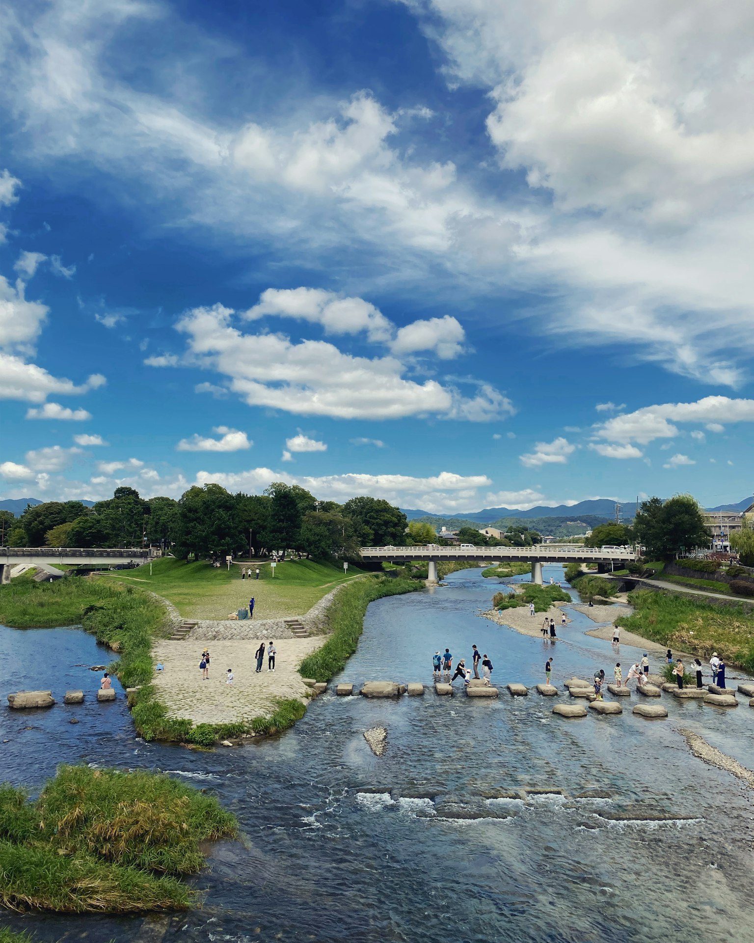 Vista escénica del río con cielo azul y nubes blancas Personas cruzando piedras en el río Césped verde y un puente visible