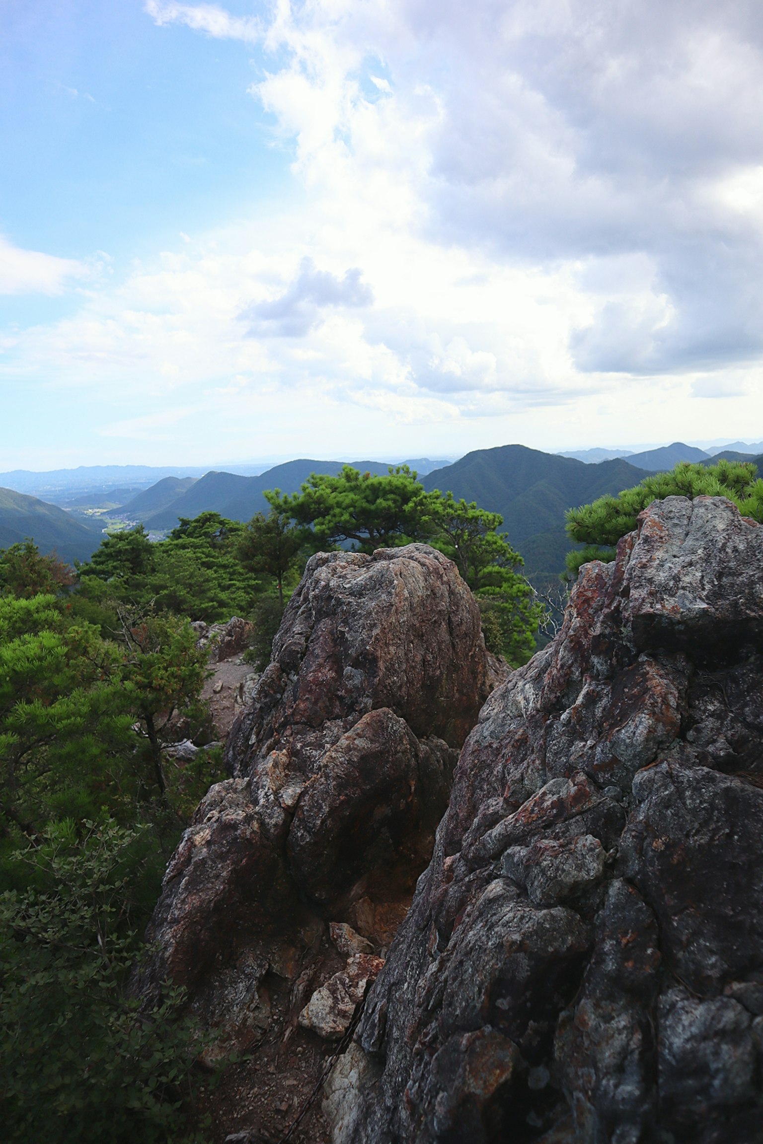 山景，岩石和绿色树木