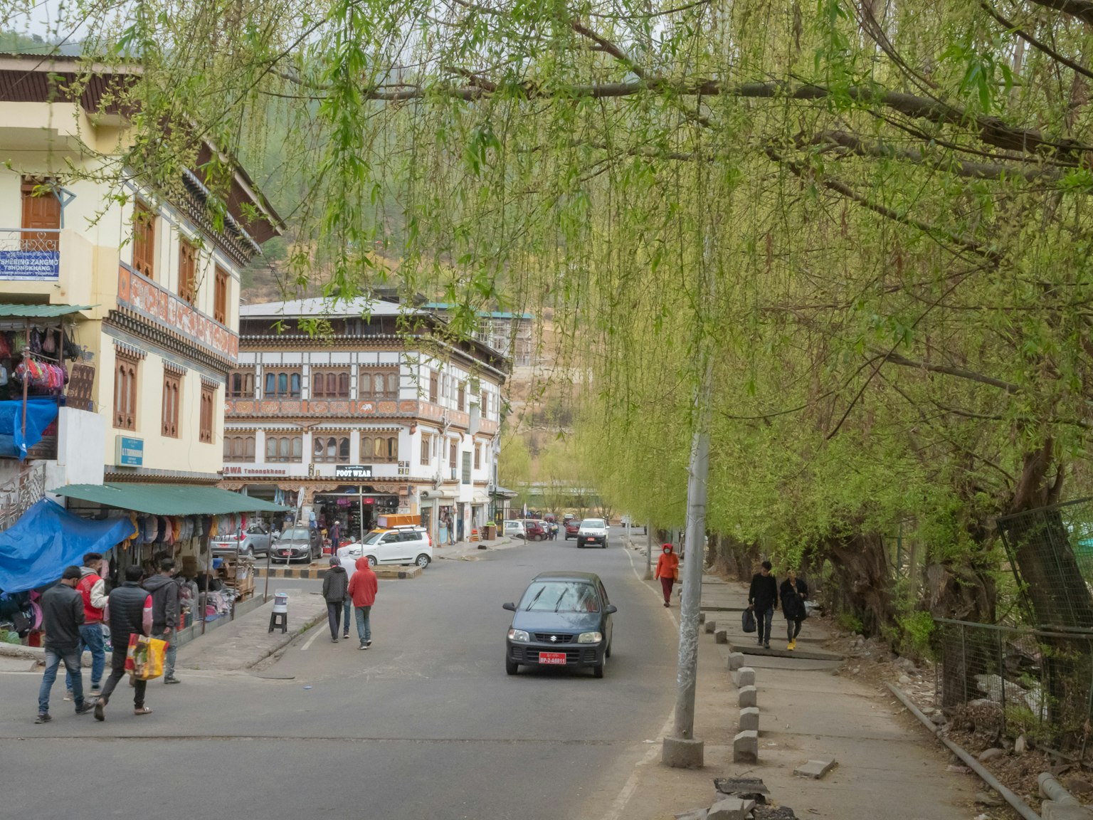 Straßenszene mit Weidenbäumen und traditionellen Gebäuden