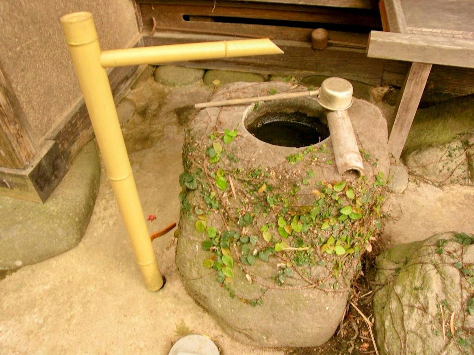 竹子支柱和覆蓋苔蘚的石水盆