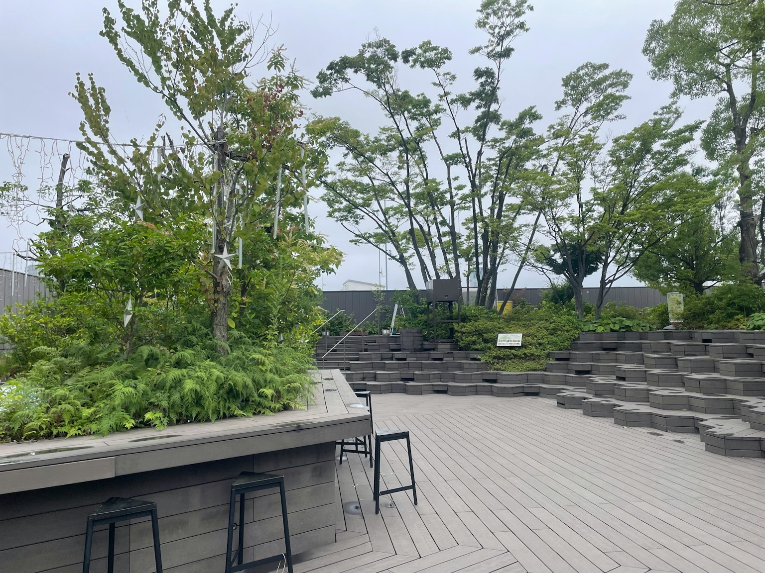 郁郁葱葱的花园景观，带有绿植和阶梯座位区