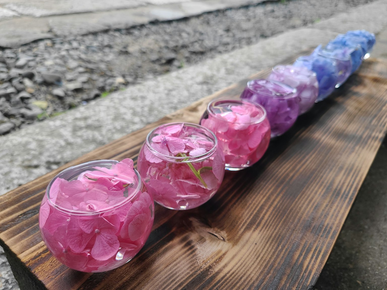 Colorful bowls filled with flower petals arranged on a wooden surface