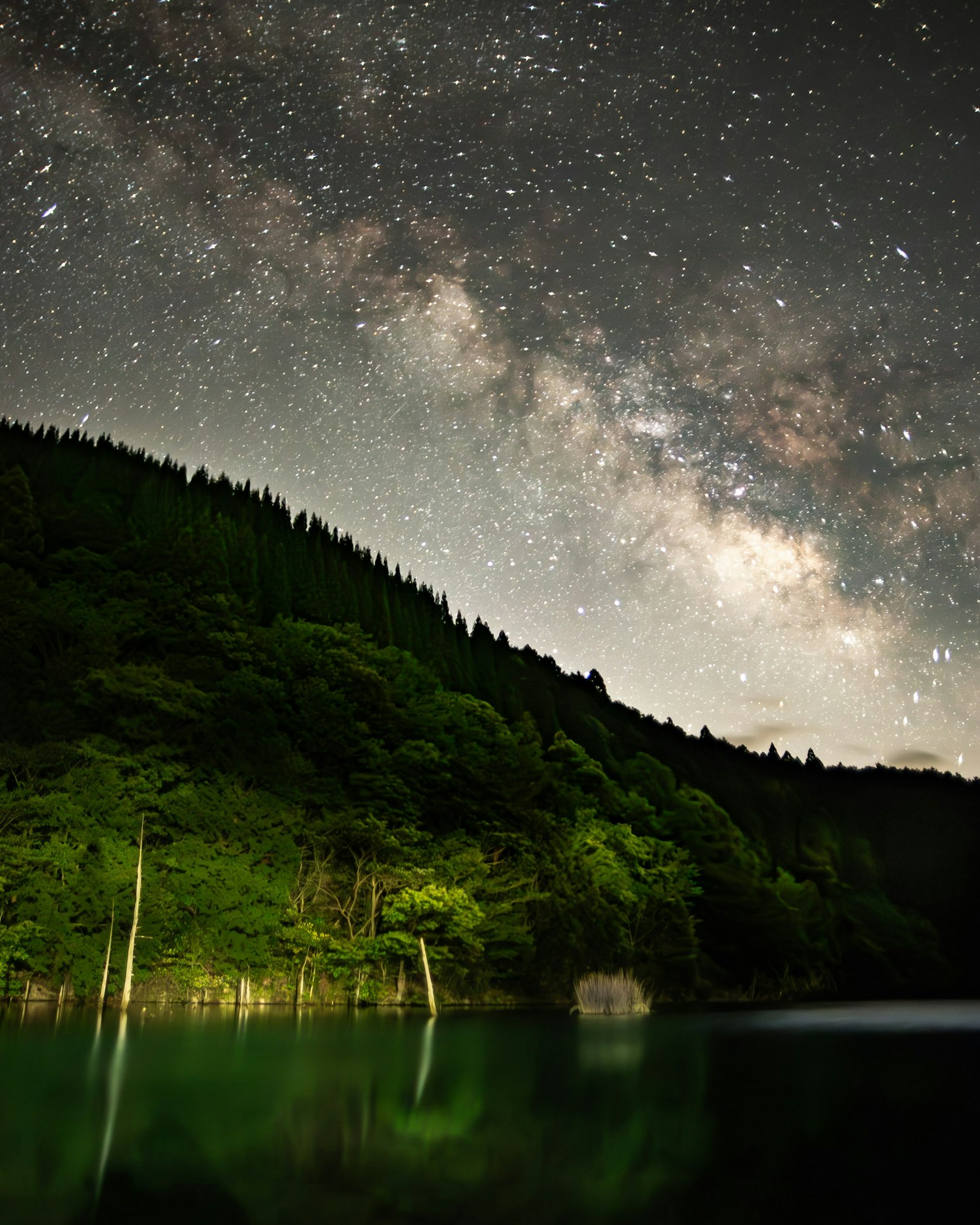 별이 빛나는 하늘과 반사되는 호수의 경치 푸른 나무와 산으로 둘러싸인