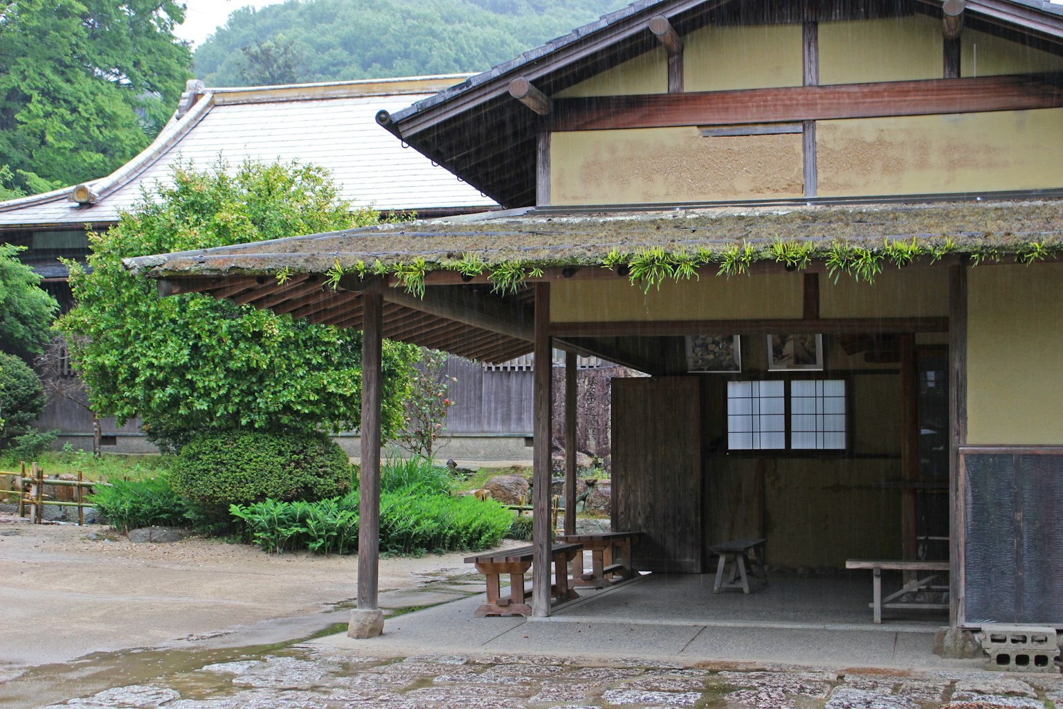 Exterior de una casa japonesa tradicional con vista al jardín