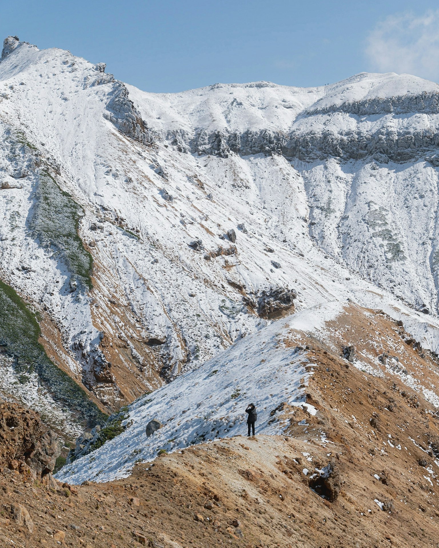 被雪覆盖的山脉和崎岖地形上的徒步旅行者