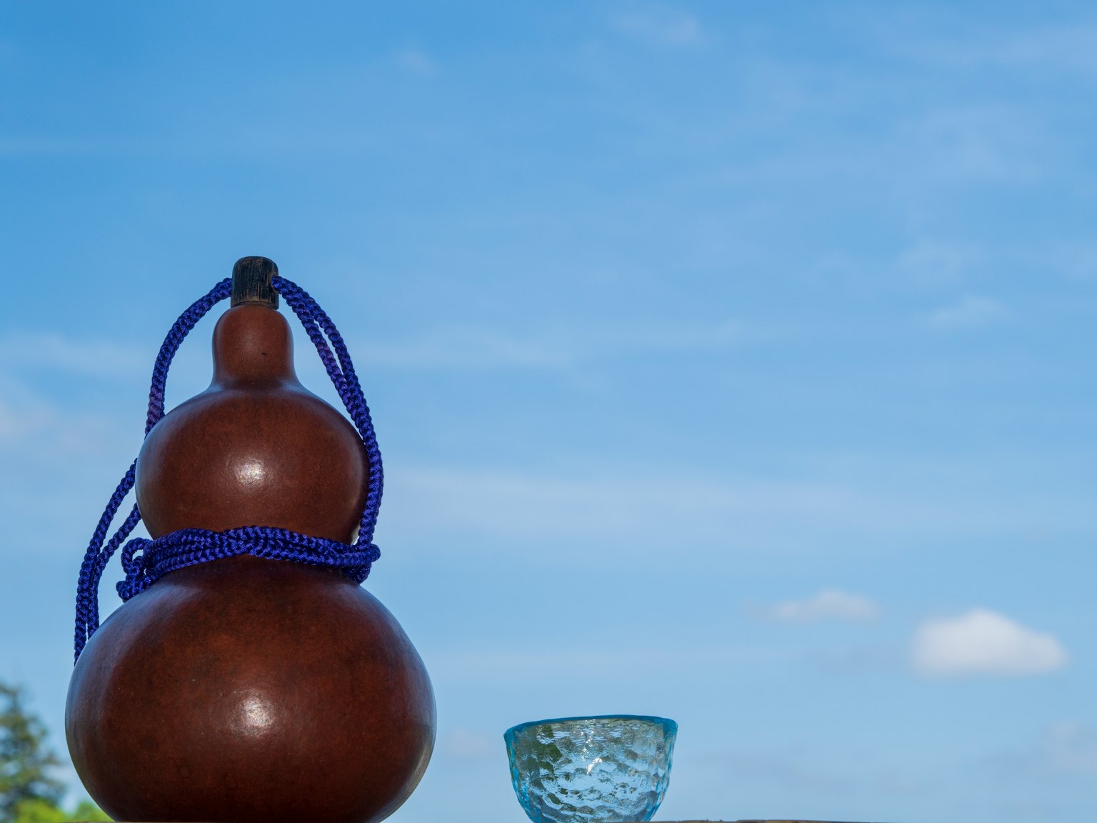 Una zucca marrone con un cordino blu e una ciotola di vetro trasparente sotto un cielo blu