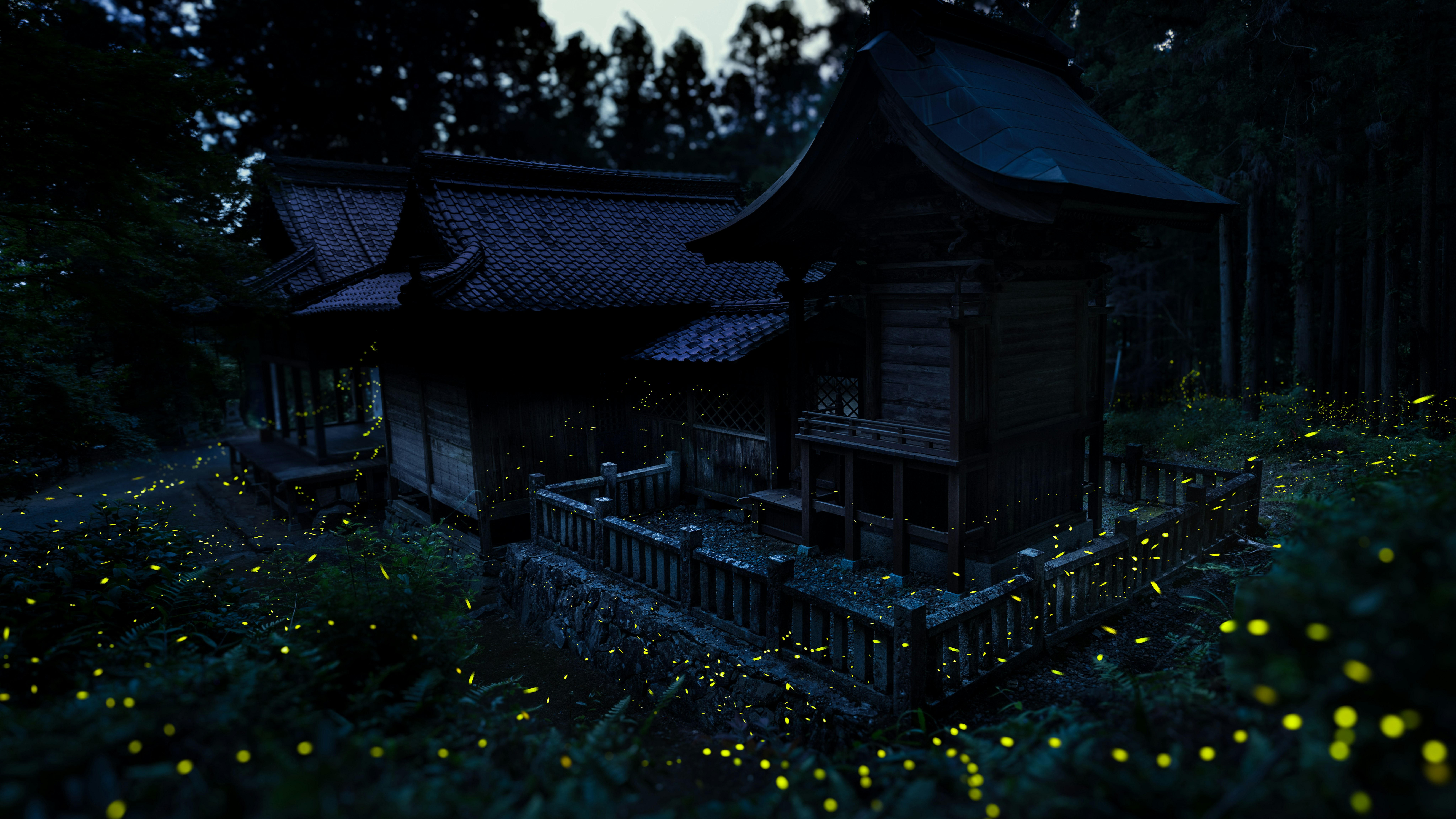 暗い庭園で光るホタルの群れと灯りのある小屋