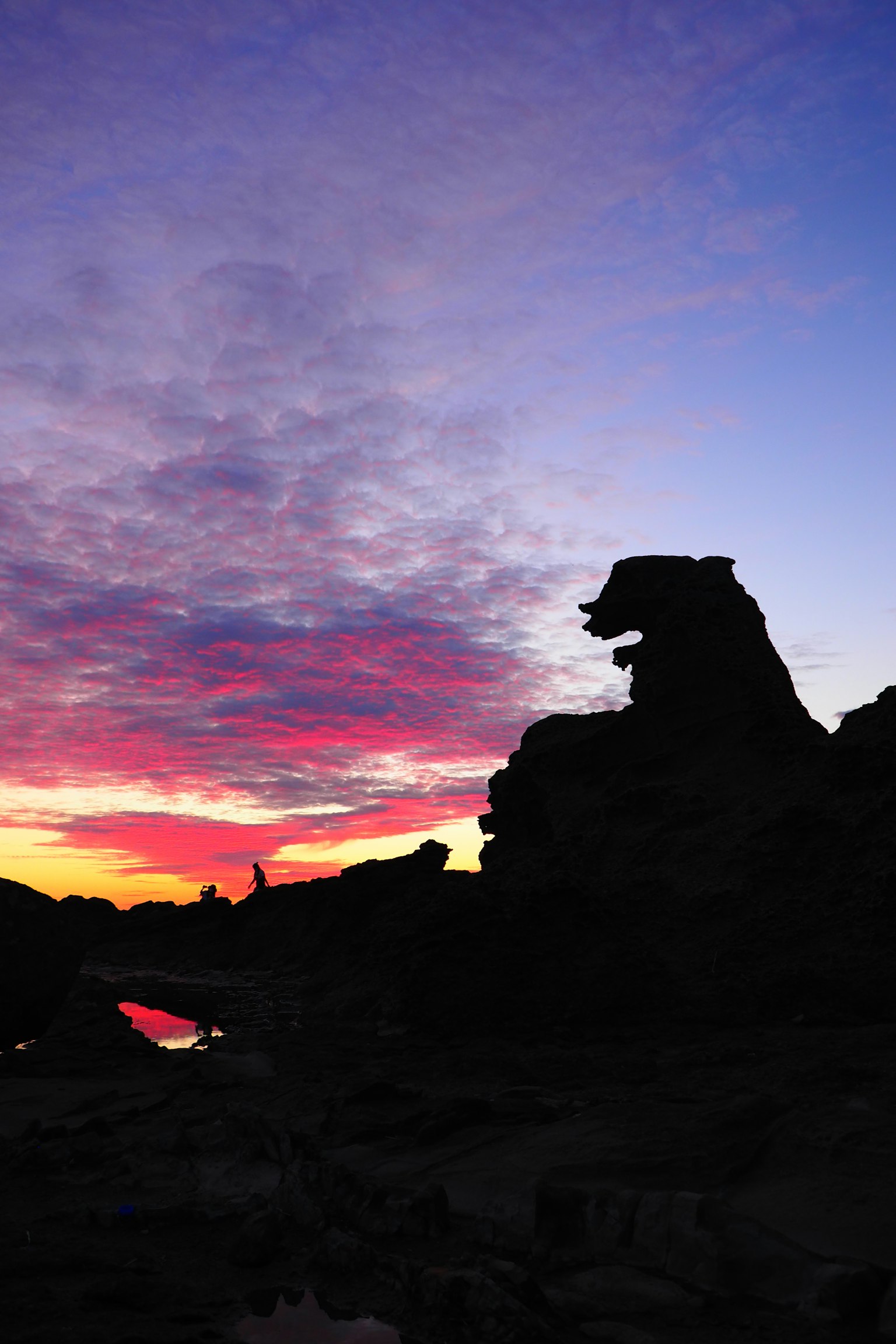 Silhouette einer Felsformation, die gegen einen bunten Sonnenuntergang wie ein Löwenkopf aussieht