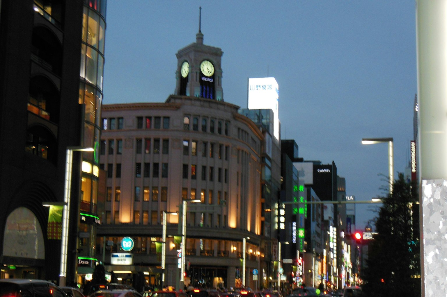 Night view of Ginza with a clock tower building