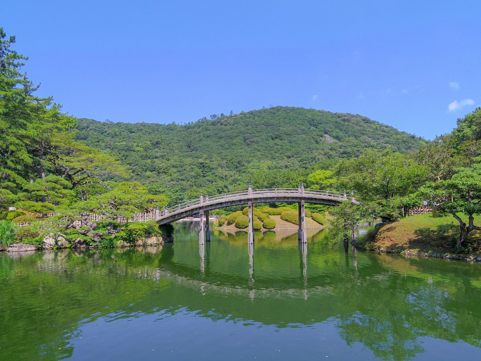 Vue pittoresque d'un pont en bois sur un lac calme entouré de verdure