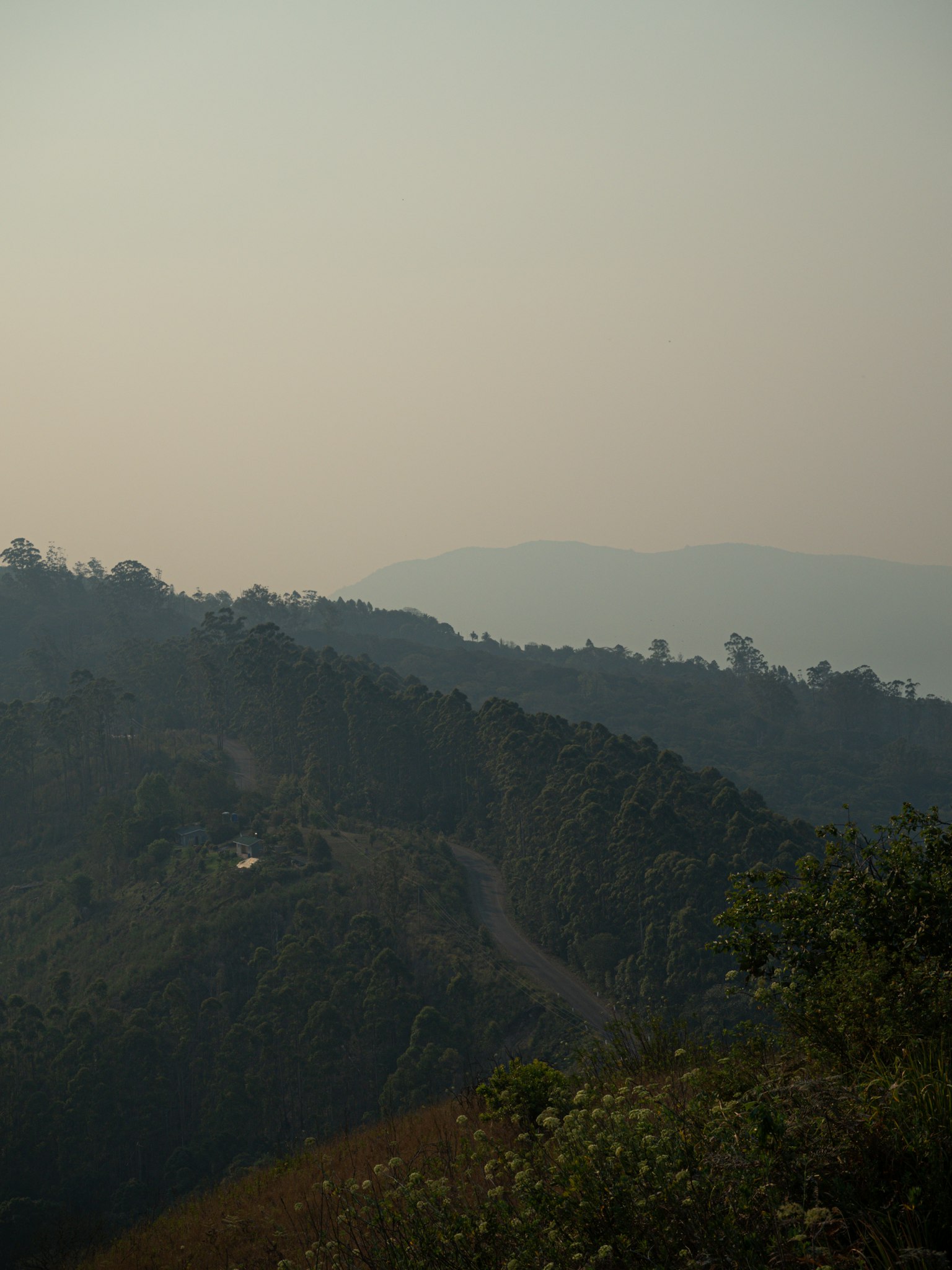 Fog-covered mountain landscape with distant hills and green slopes