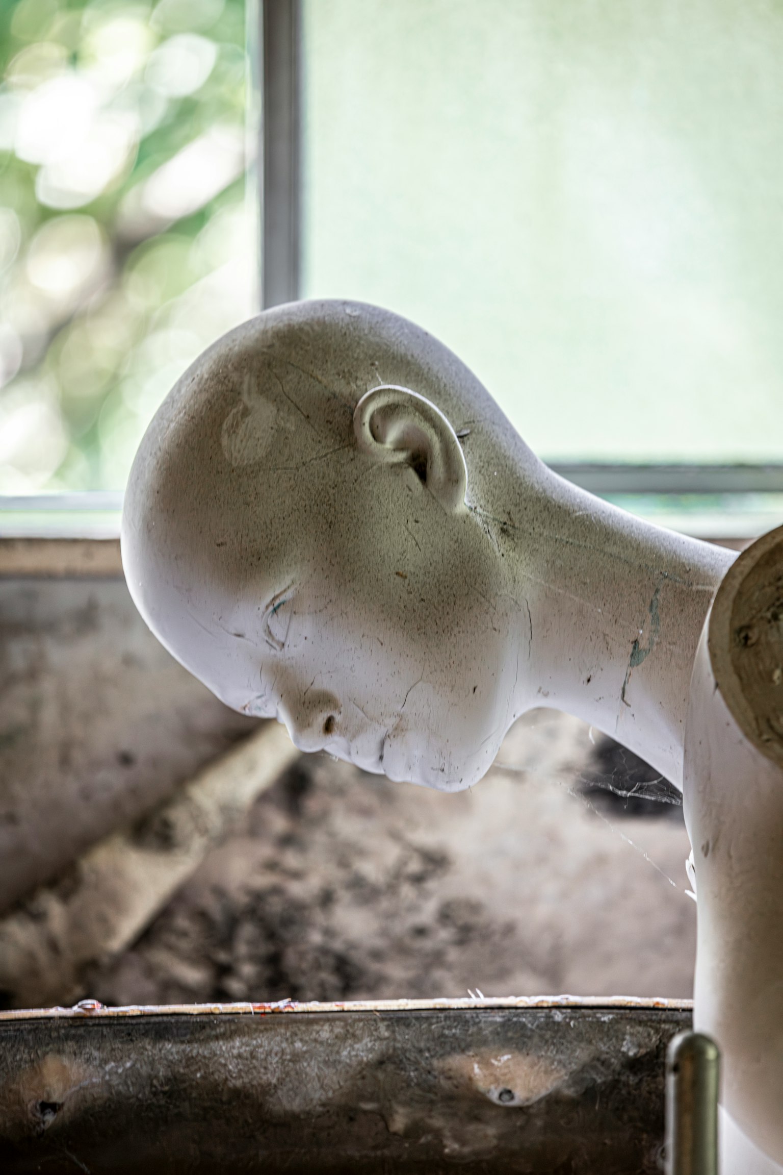 A vintage mannequin head positioned near a window