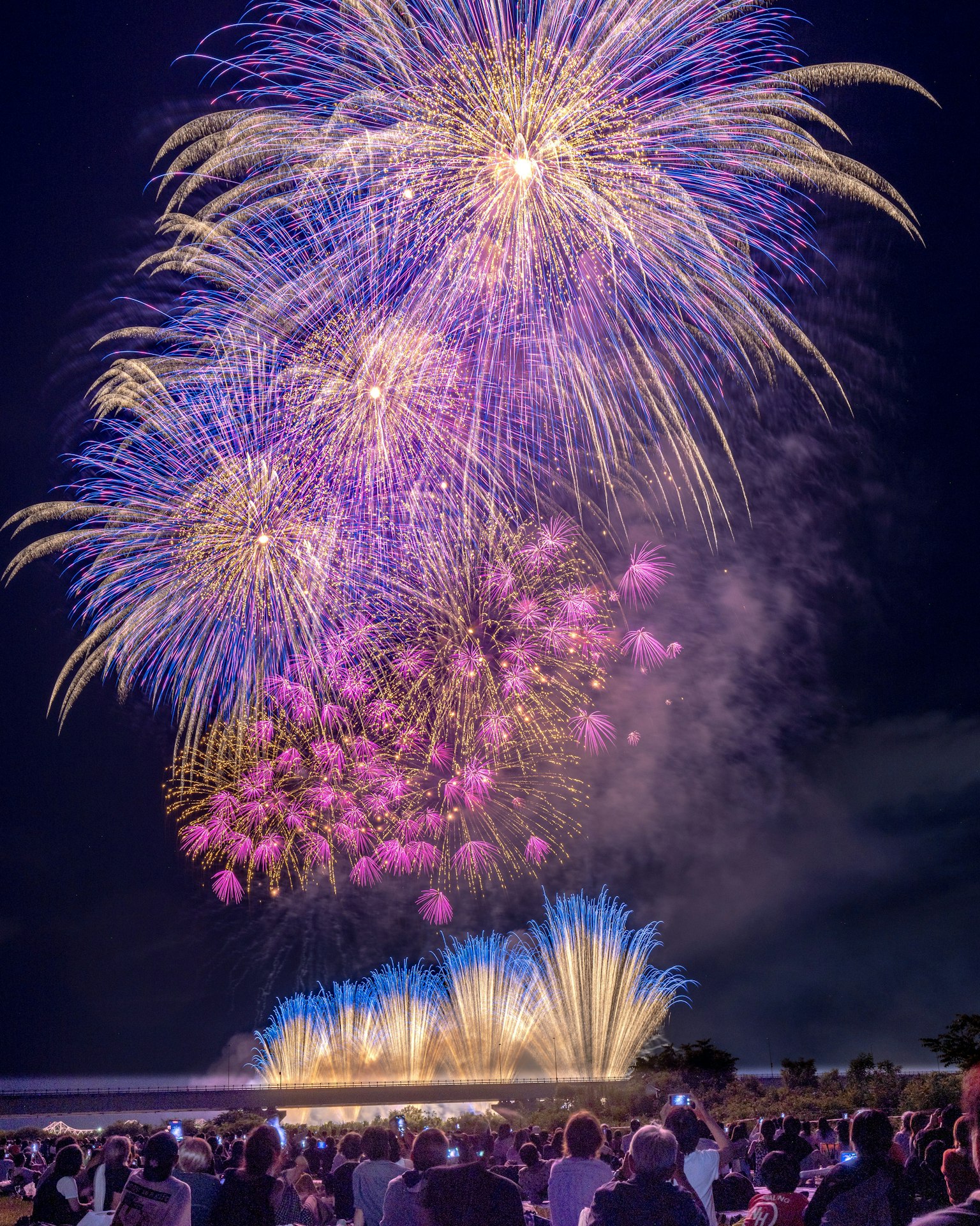 Spectacle de feux d'artifice colorés avec des explosions violettes et bleues illuminant le ciel nocturne