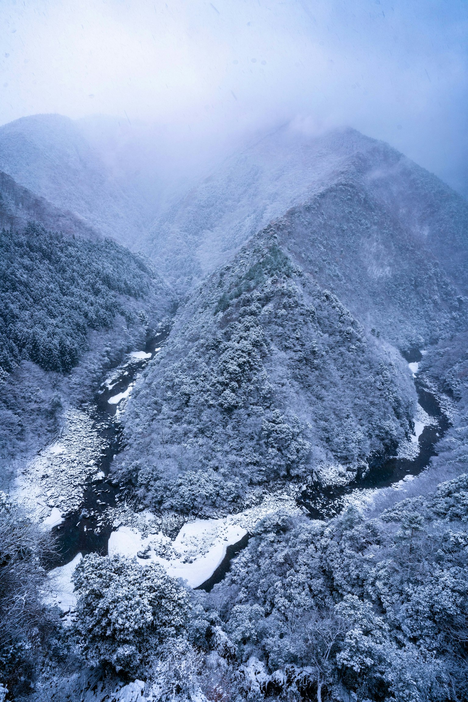 ทิวทัศน์สวยงามของภูเขาหิมะและแม่น้ำ