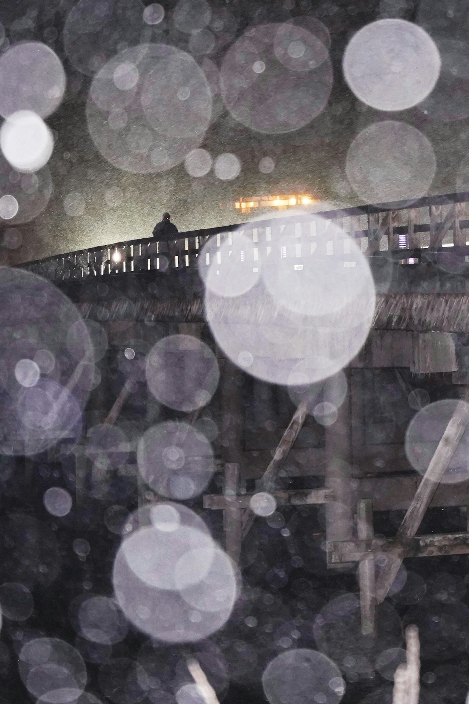 Una escena nocturna con fondo borroso que presenta formas redondas que parecen gotas de agua