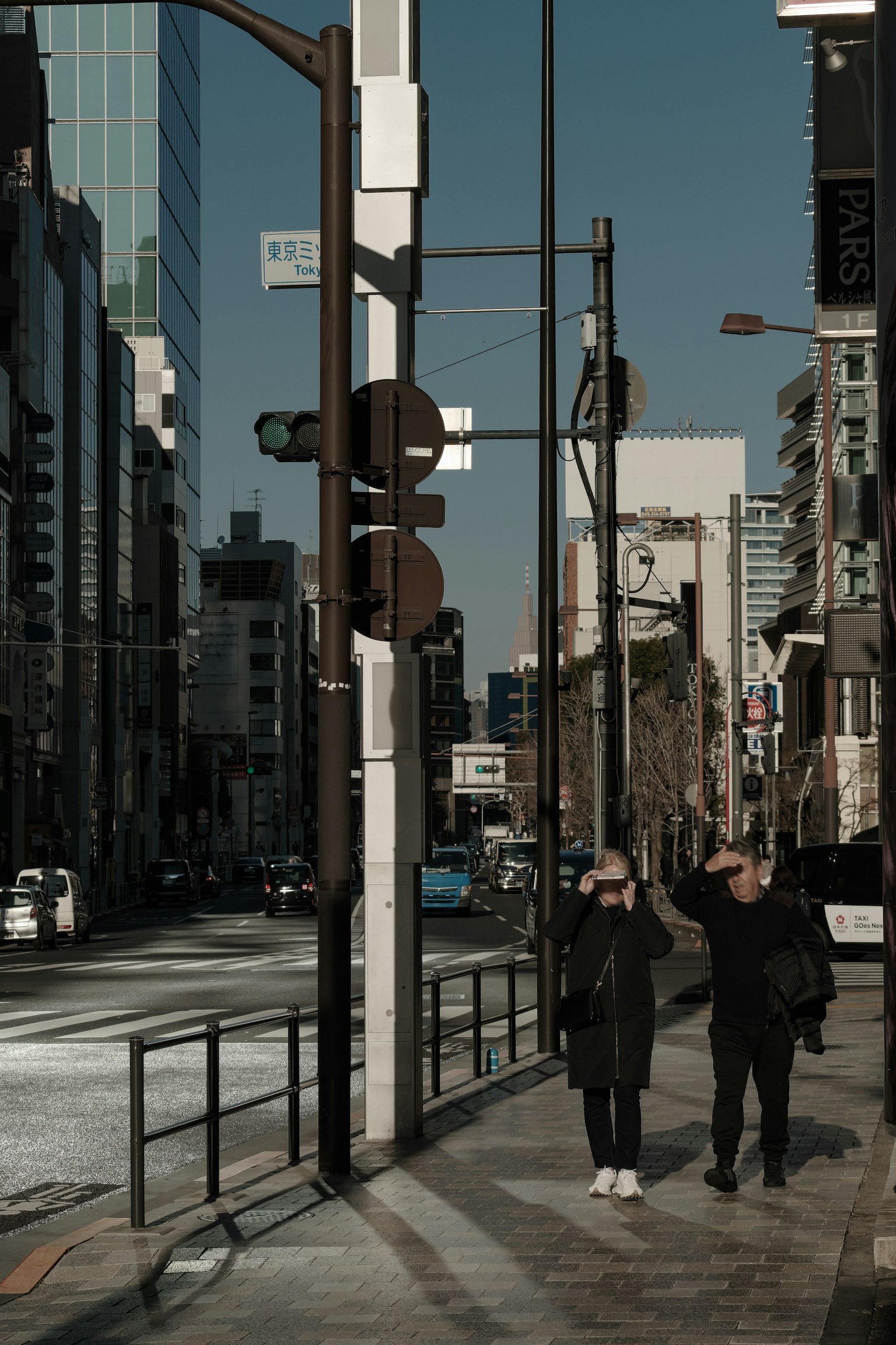 城市街道场景，行人和交通信号灯