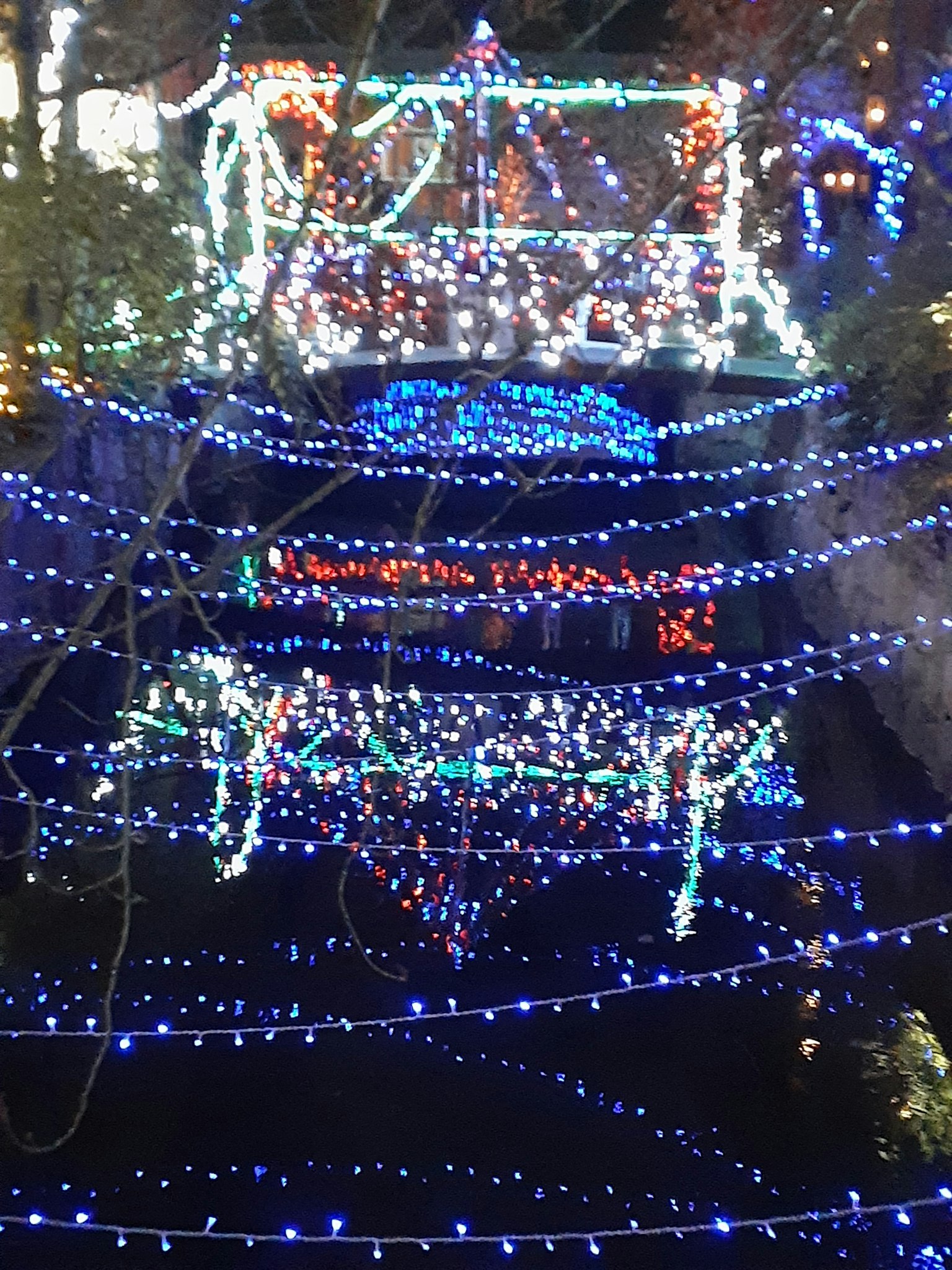 Una vista pittoresca di un fiume adornato con luci blu e bianche