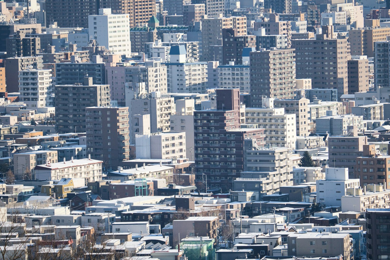 Primo piano di un panorama urbano con grattacieli coperti di neve
