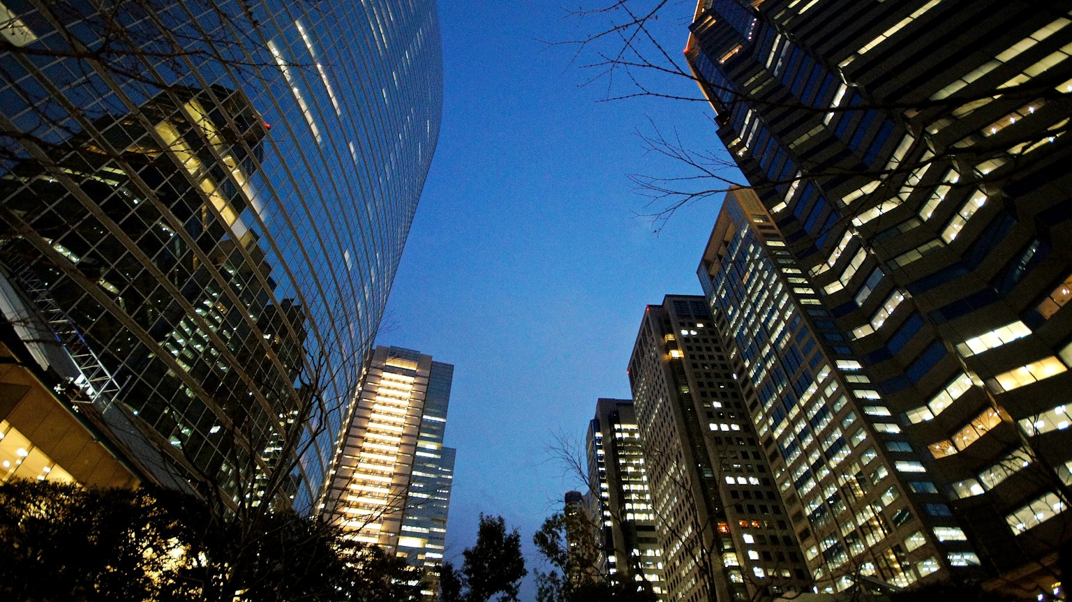 Skyline urbana con grattacieli e cielo notturno edifici illuminati