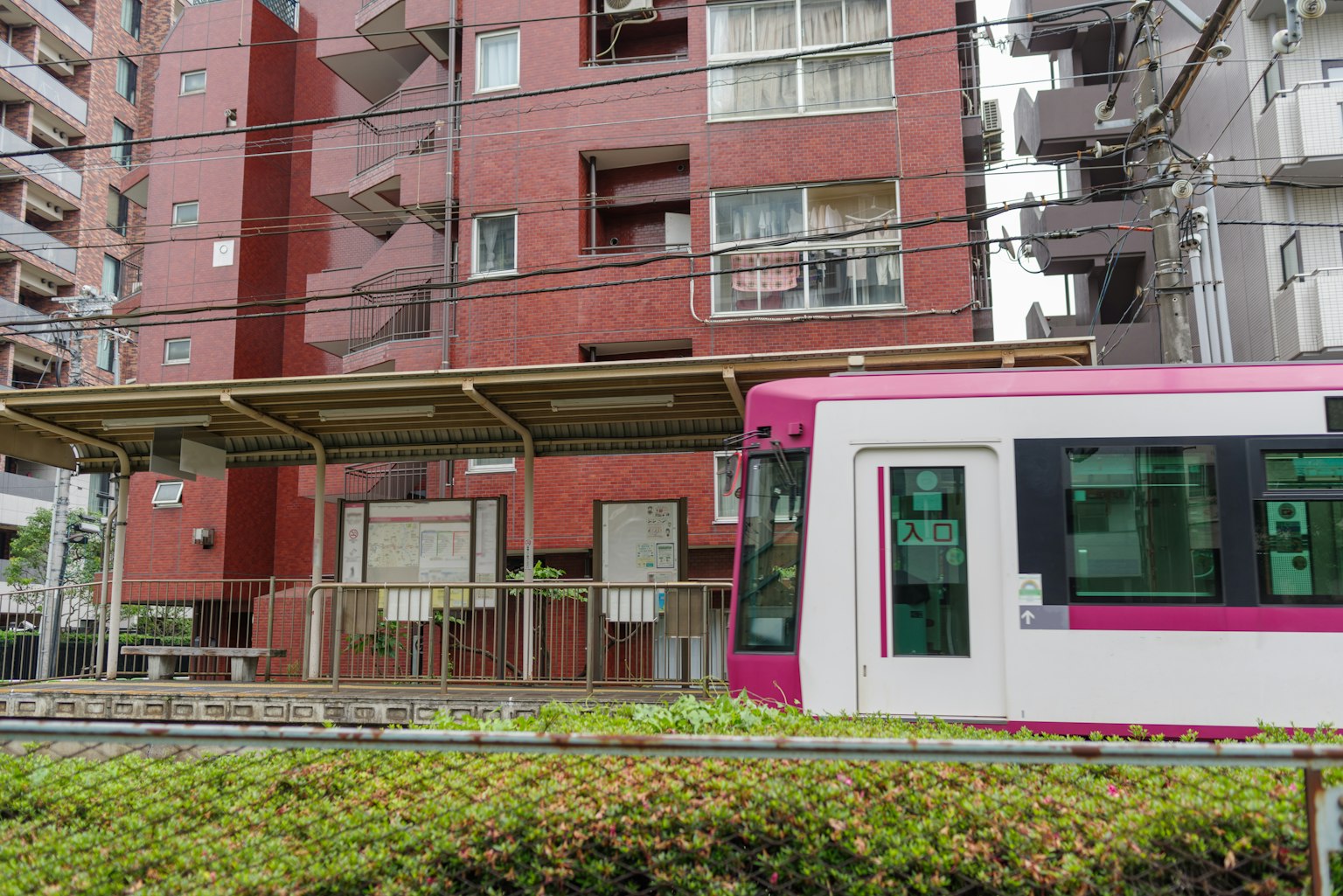 Tranvía rosa detenido en una estación cerca de un edificio rojo