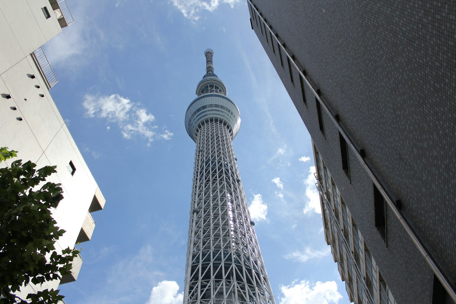 Vista hacia arriba de la Tokyo Skytree contra un cielo azul