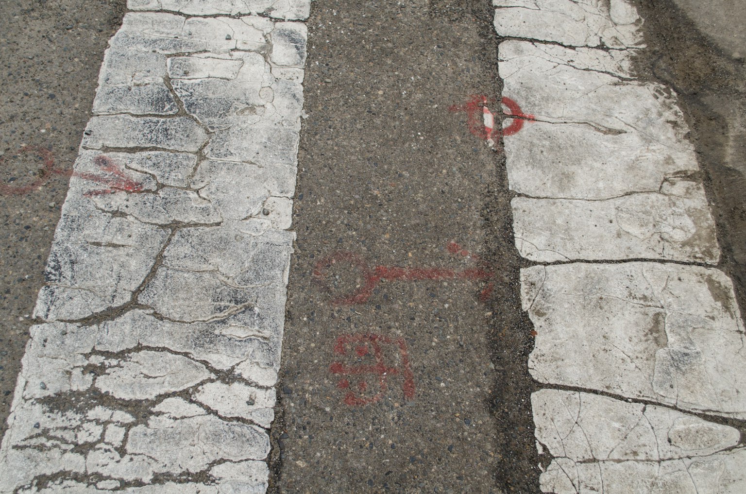 Lignes de passage piéton blanches fissurées avec des marques rouges sur l'asphalte