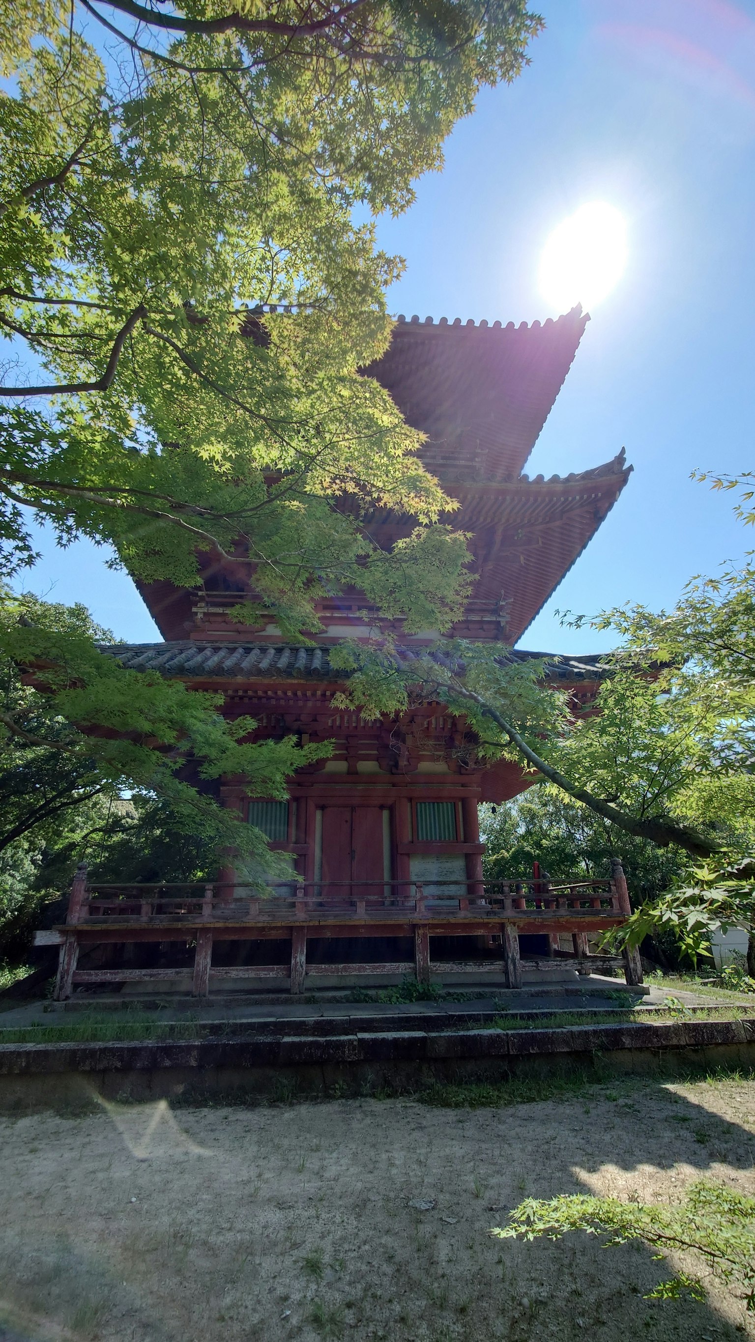 青空の下に立つ赤い寺院の建物と緑の木々