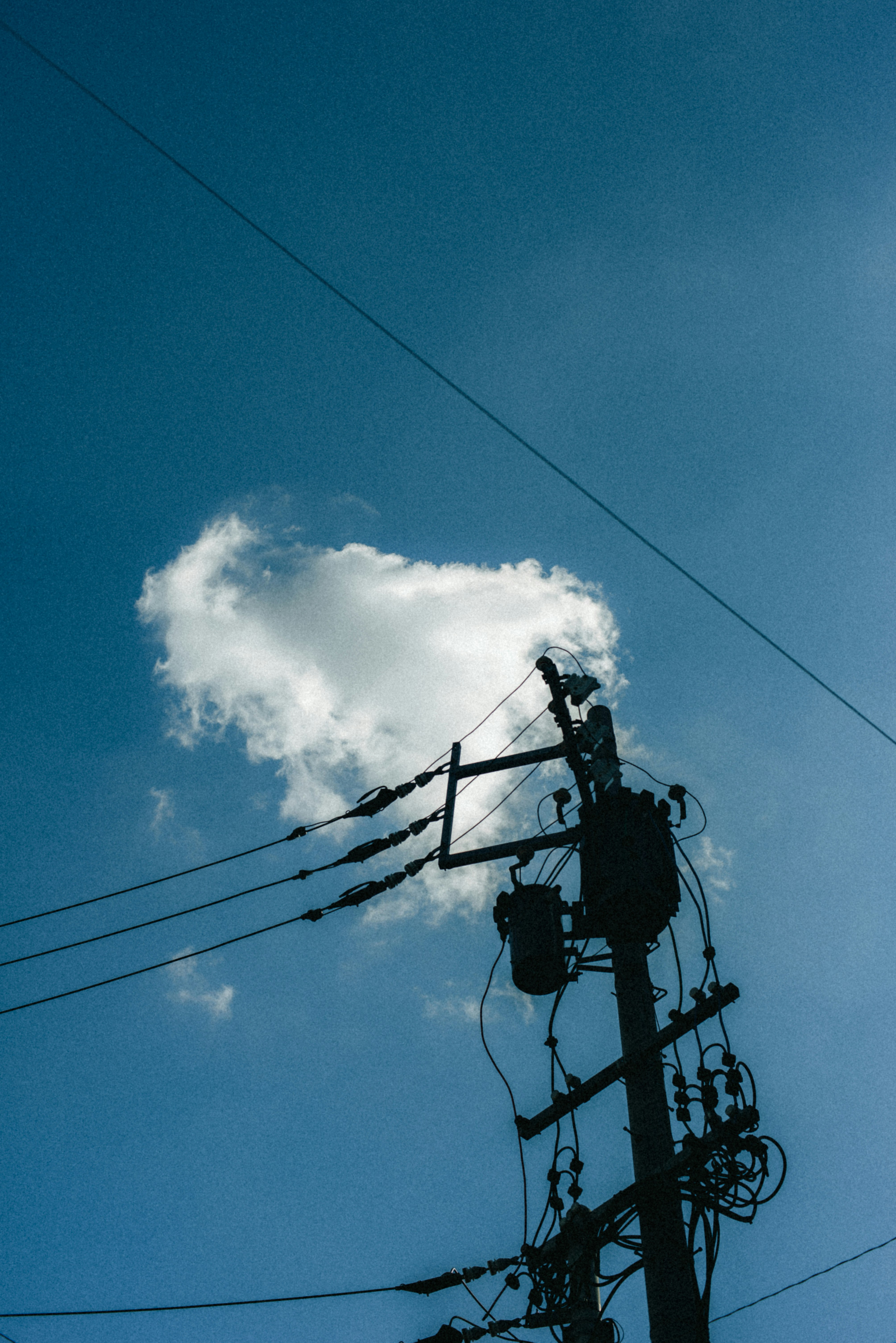 藍天背景下的電線桿與架空電纜剪影