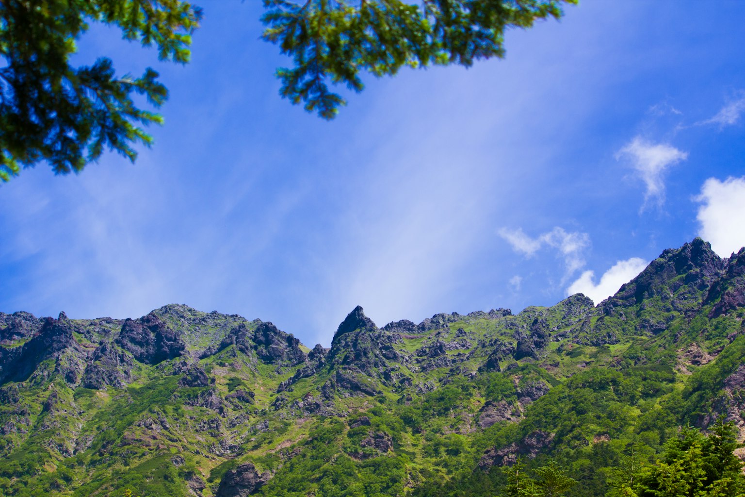 蓝天下的郁郁葱葱的山脉和岩石峰
