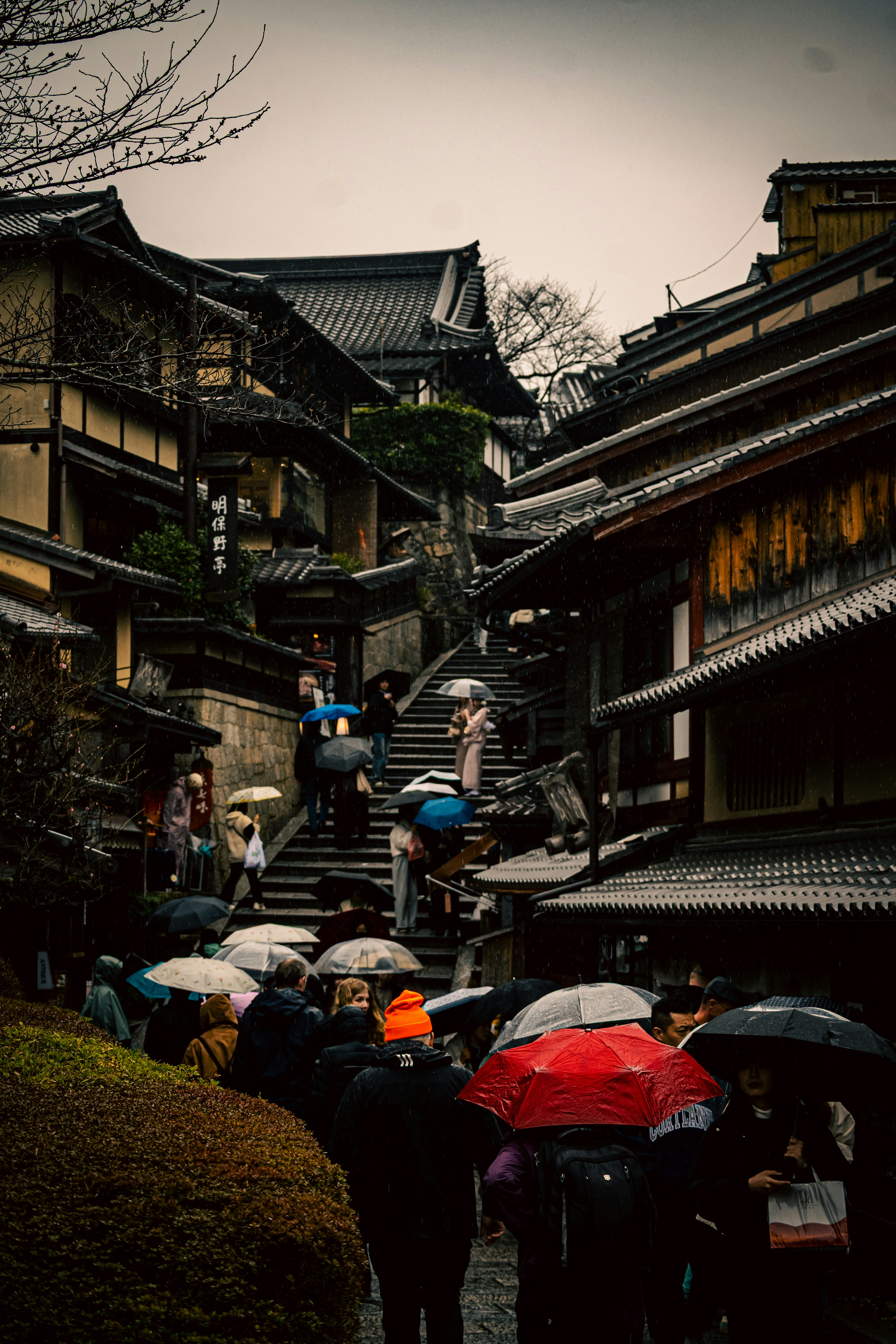 雨傘をさした人々が並ぶ石段のある古い町並み