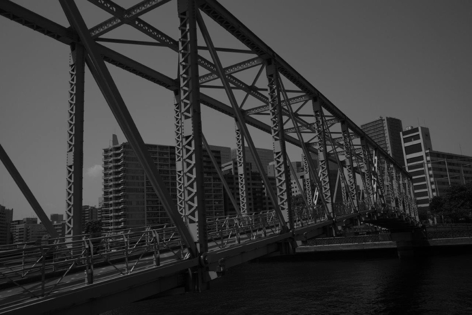 Black and white photo of a bridge with urban background featuring structural design