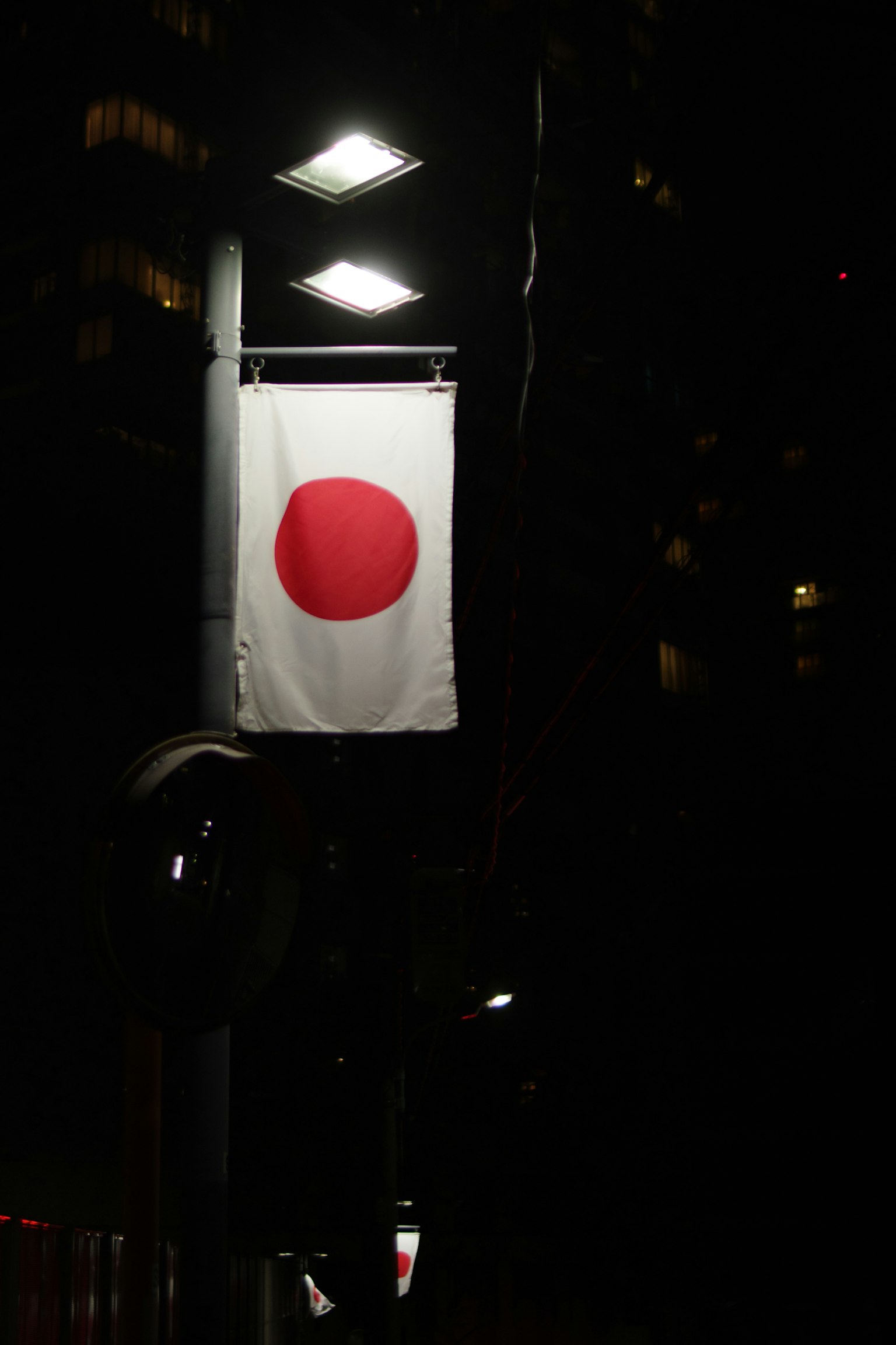 Bendera nasional Jepang tergantung di bawah lampu jalan di malam hari