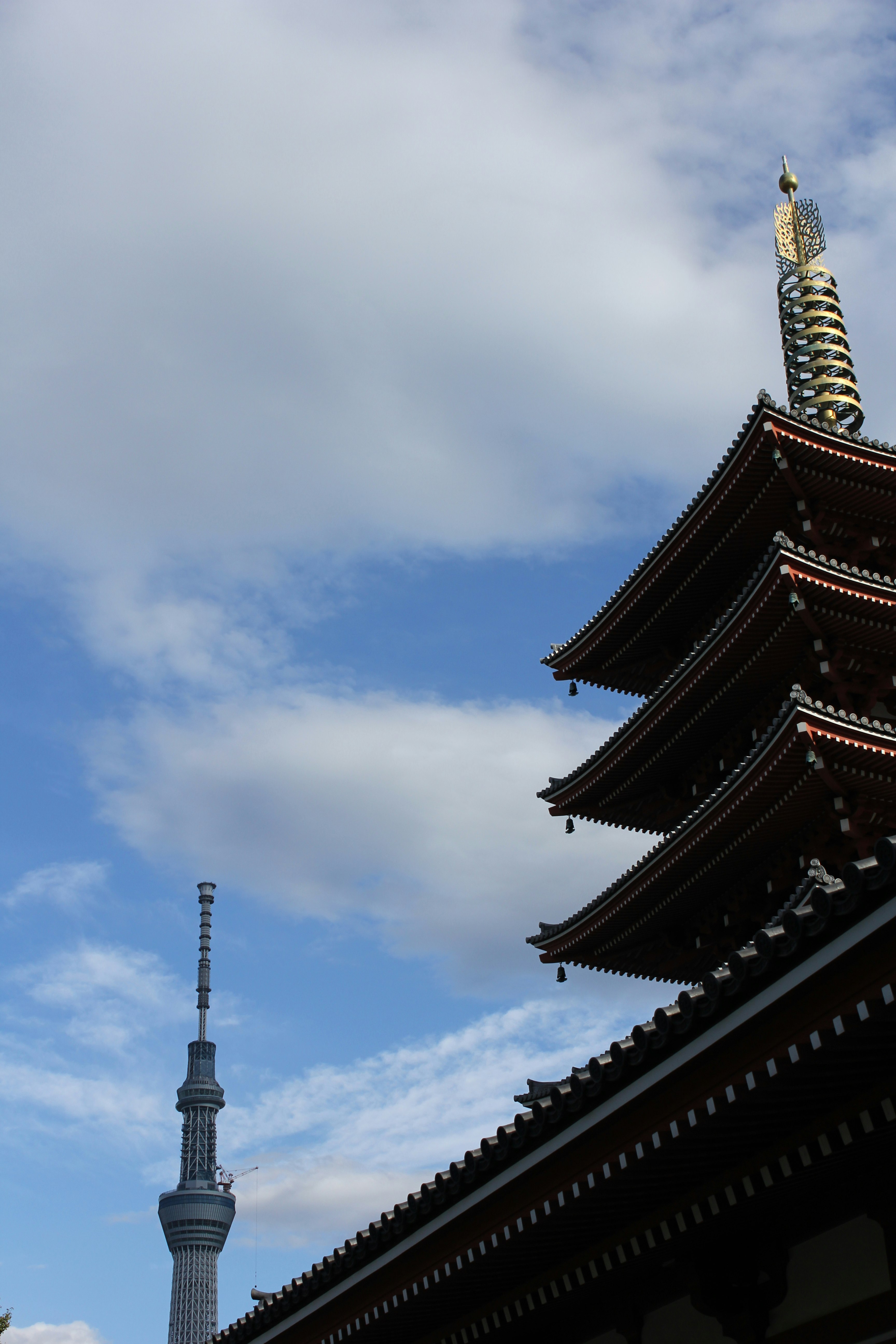 Temple roof with Tokyo Skytree under a blue sky