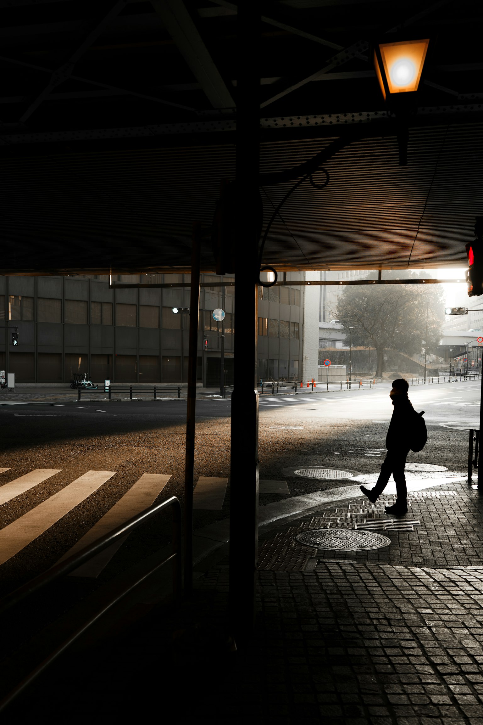 Silhouette einer Person, die in einer dunklen Umgebung mit einer Straßenlaterne in einer Stadtlandschaft geht
