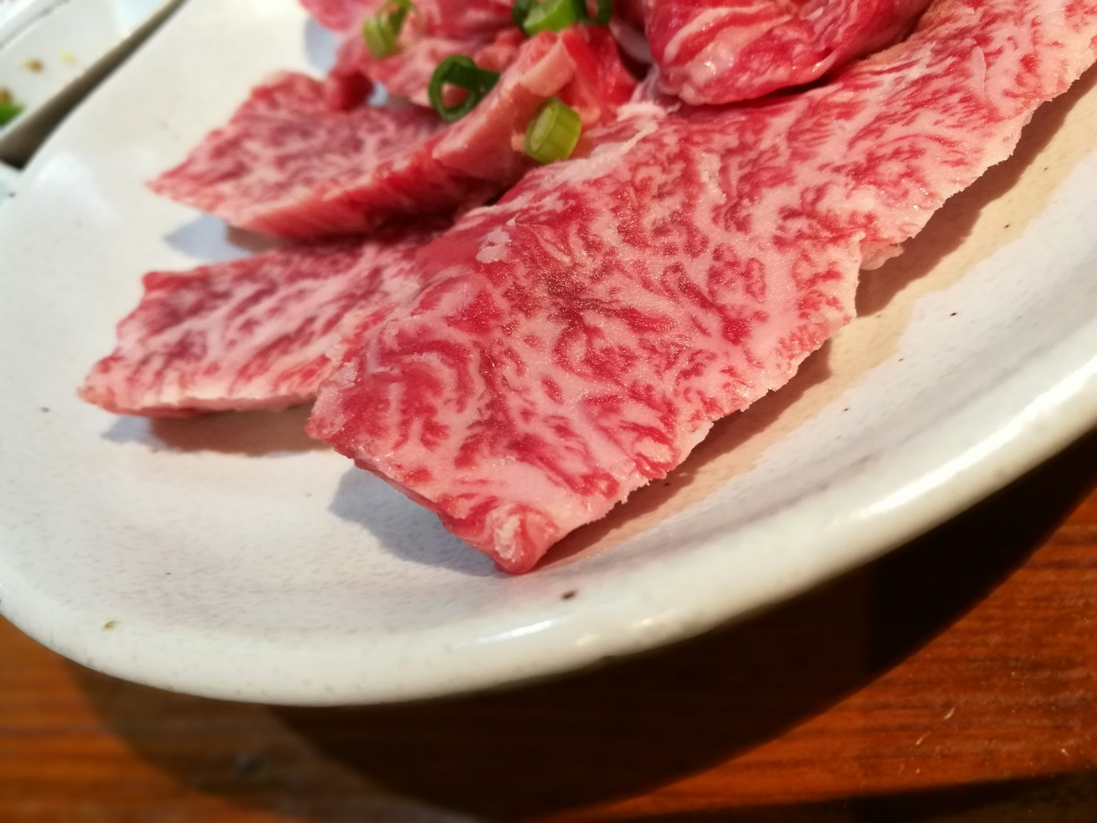 Sliced marbled beef on a white plate with green onion garnish