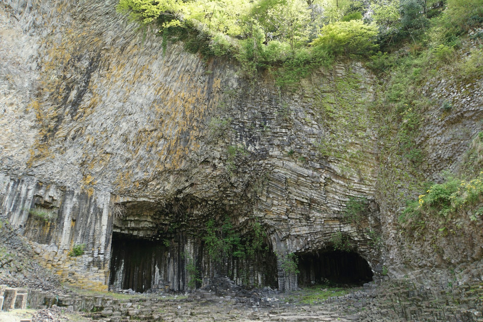 Une entrée de grotte rocheuse avec de la verdure et plusieurs ouvertures de grotte visibles