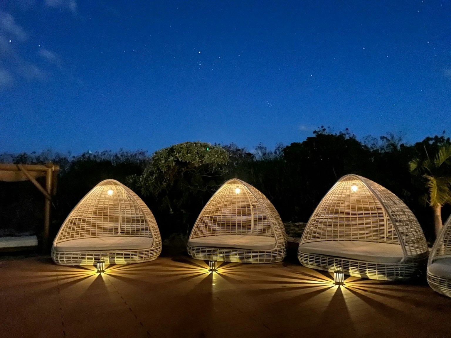 Trois lits en forme de dôme sous un ciel nocturne avec de la verdure environnante
