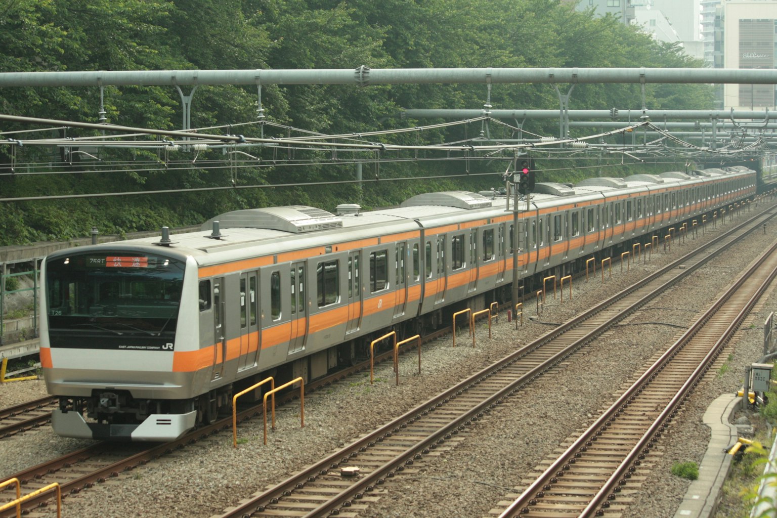 一列長火車在鐵路上行駛，背景是綠色的樹木