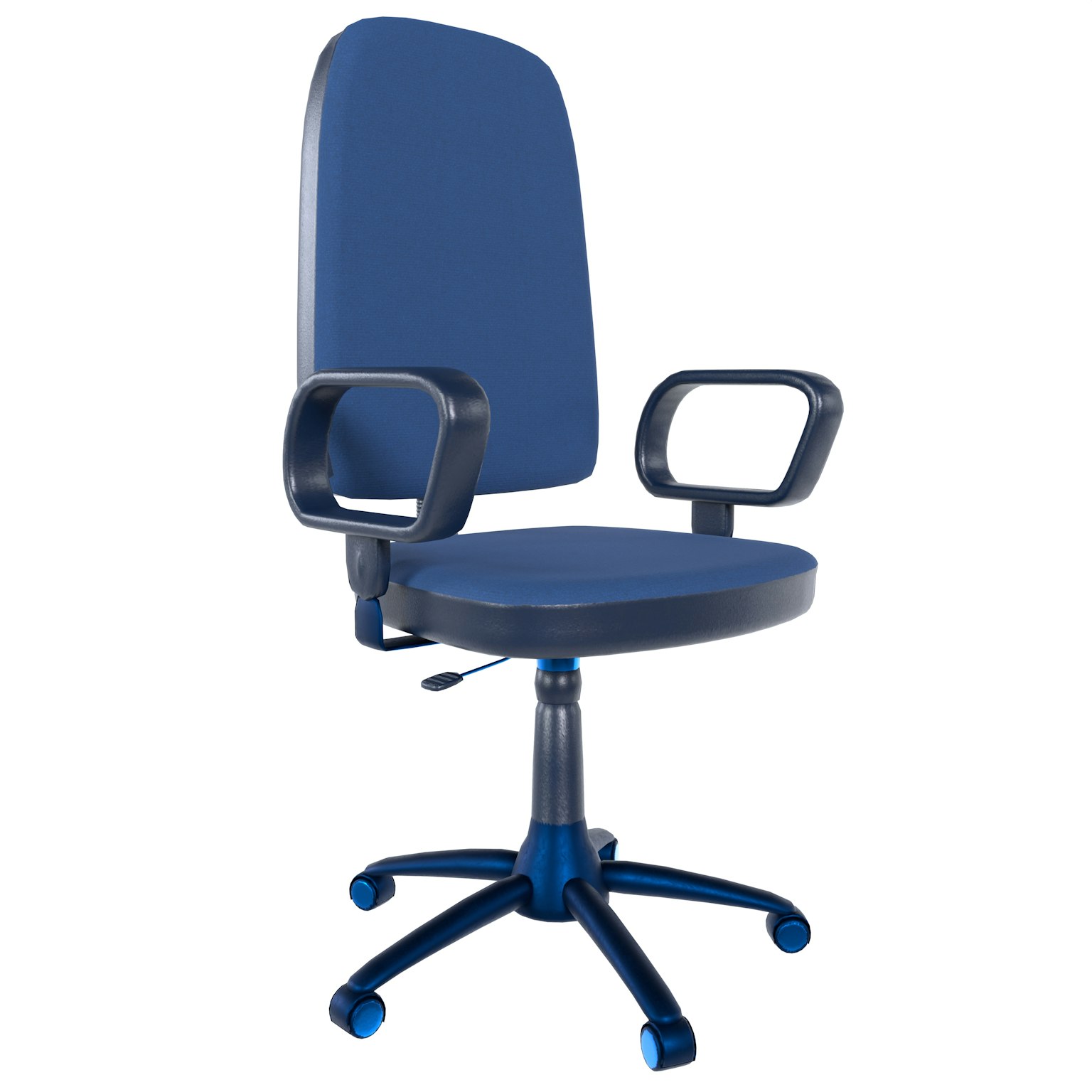 Une chaise de bureau bleue avec accoudoirs et roulettes