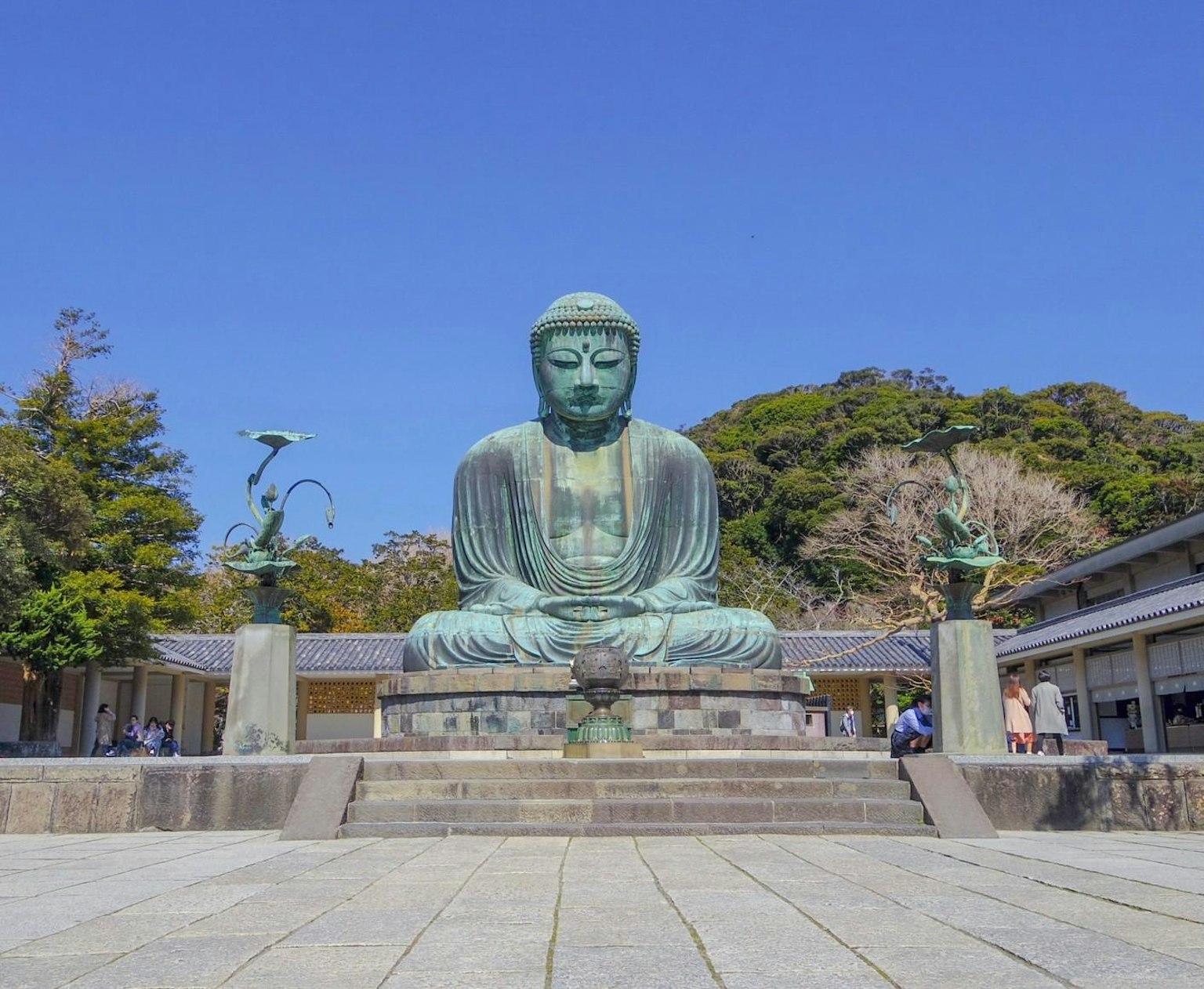 Eine ruhige Sicht auf den Großen Buddha von Kamakura umgeben von blauem Himmel und üppigem Grün