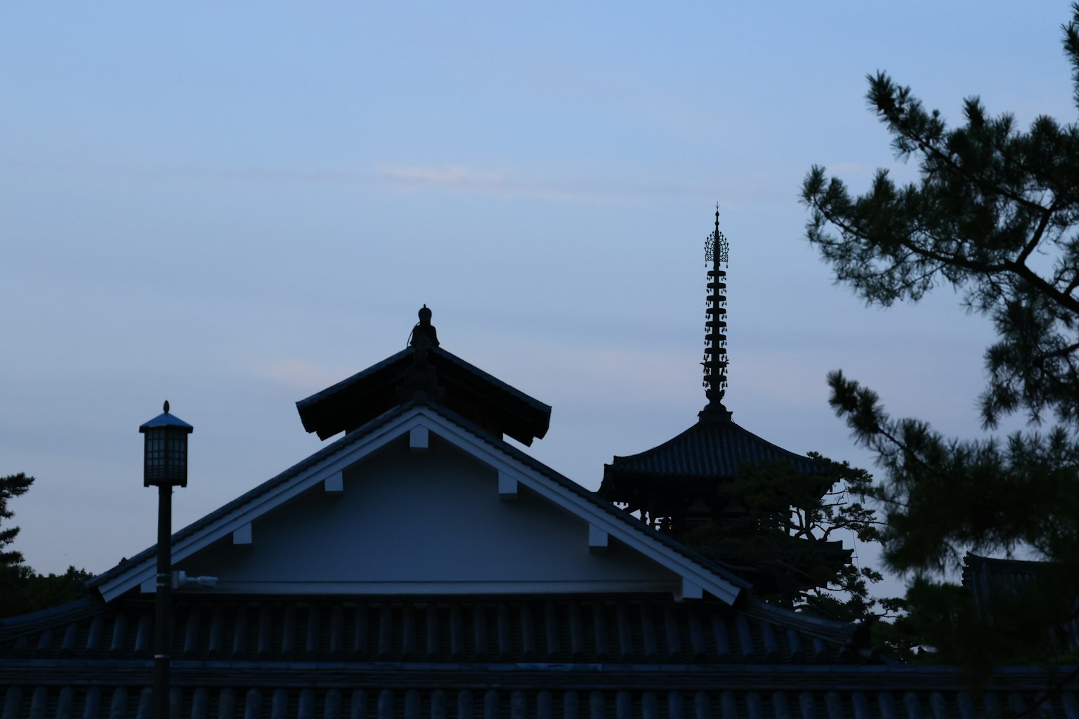 Silhouette di un tetto di tempio giapponese e di una pagoda al crepuscolo
