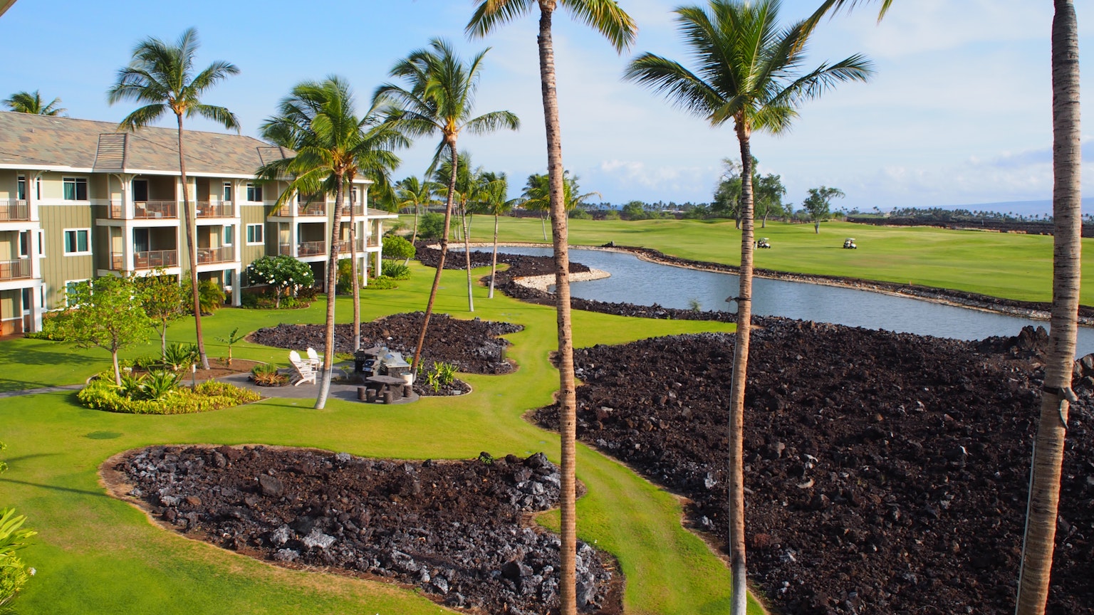 Paesaggio di un resort hawaiano con palme e un ampio prato