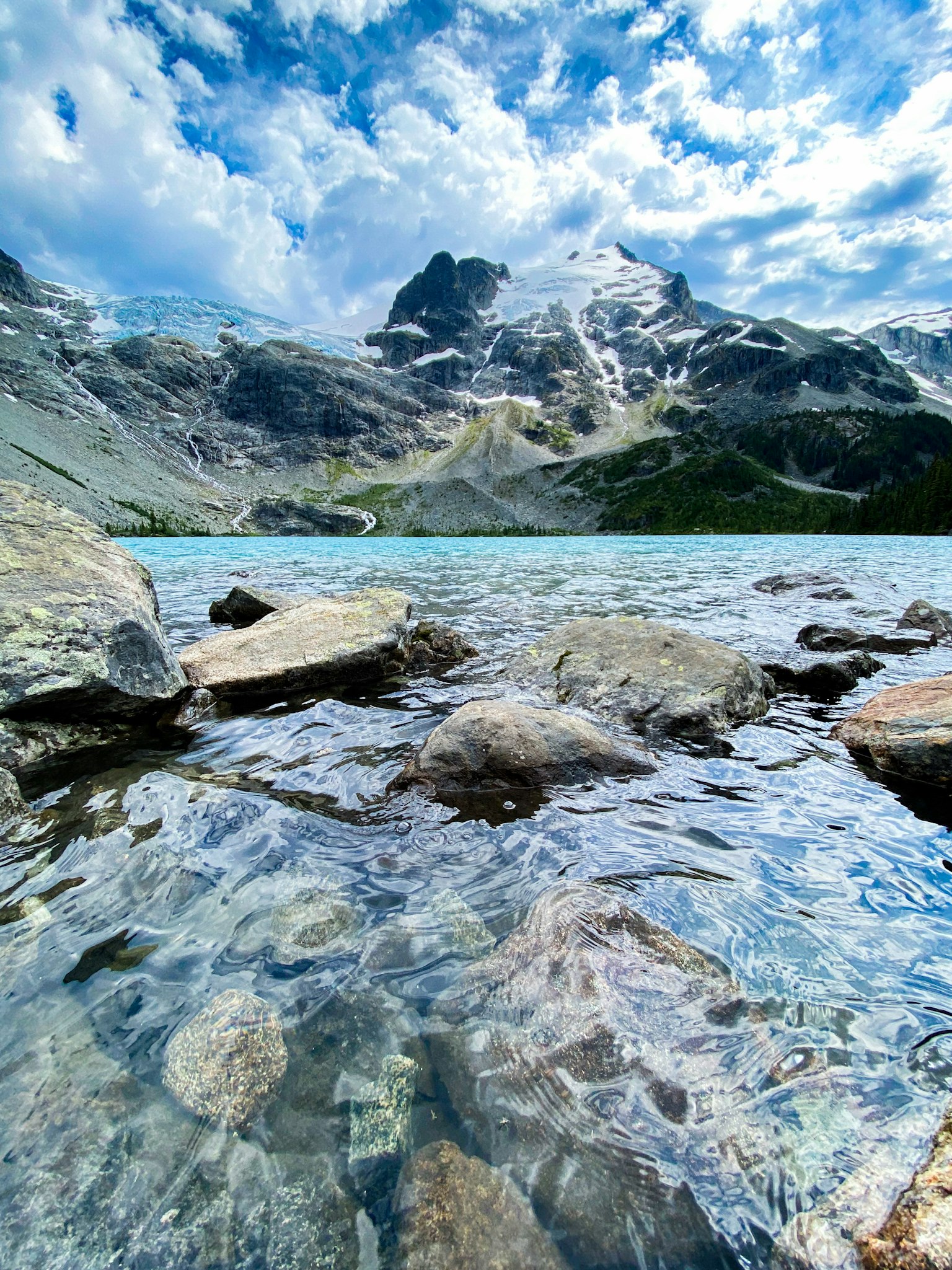 清澈的湖水與可見的岩石以及壯麗的山景