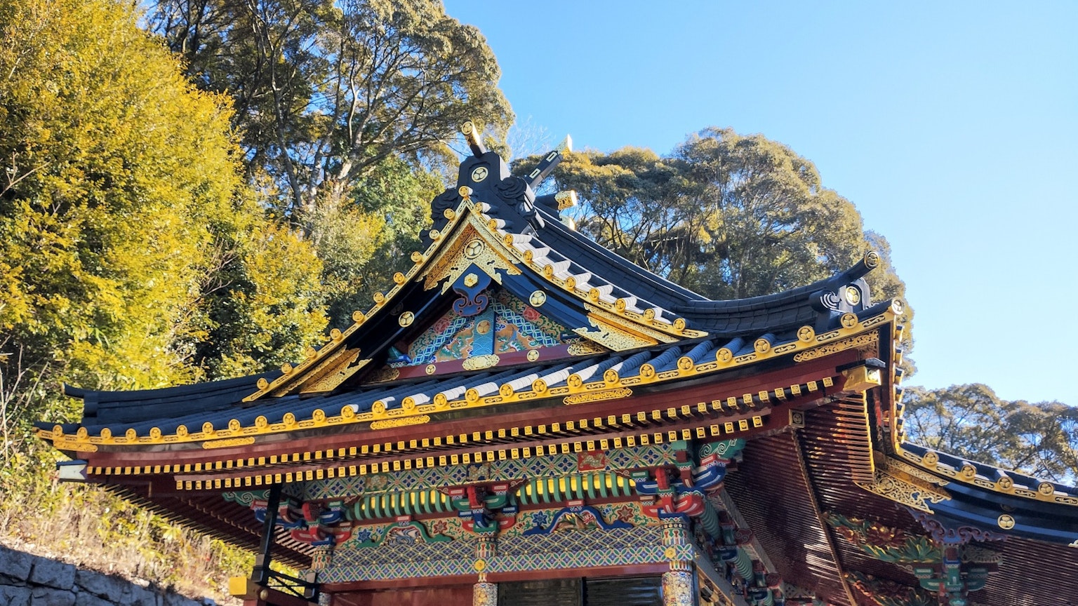 Vibrant details of a traditional Japanese temple roof