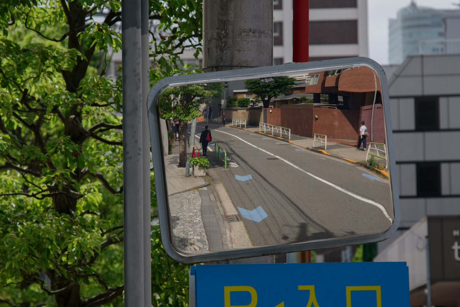 Reflexion von Fußgängern und grünen Bäumen in einem Verkehrsspiegel