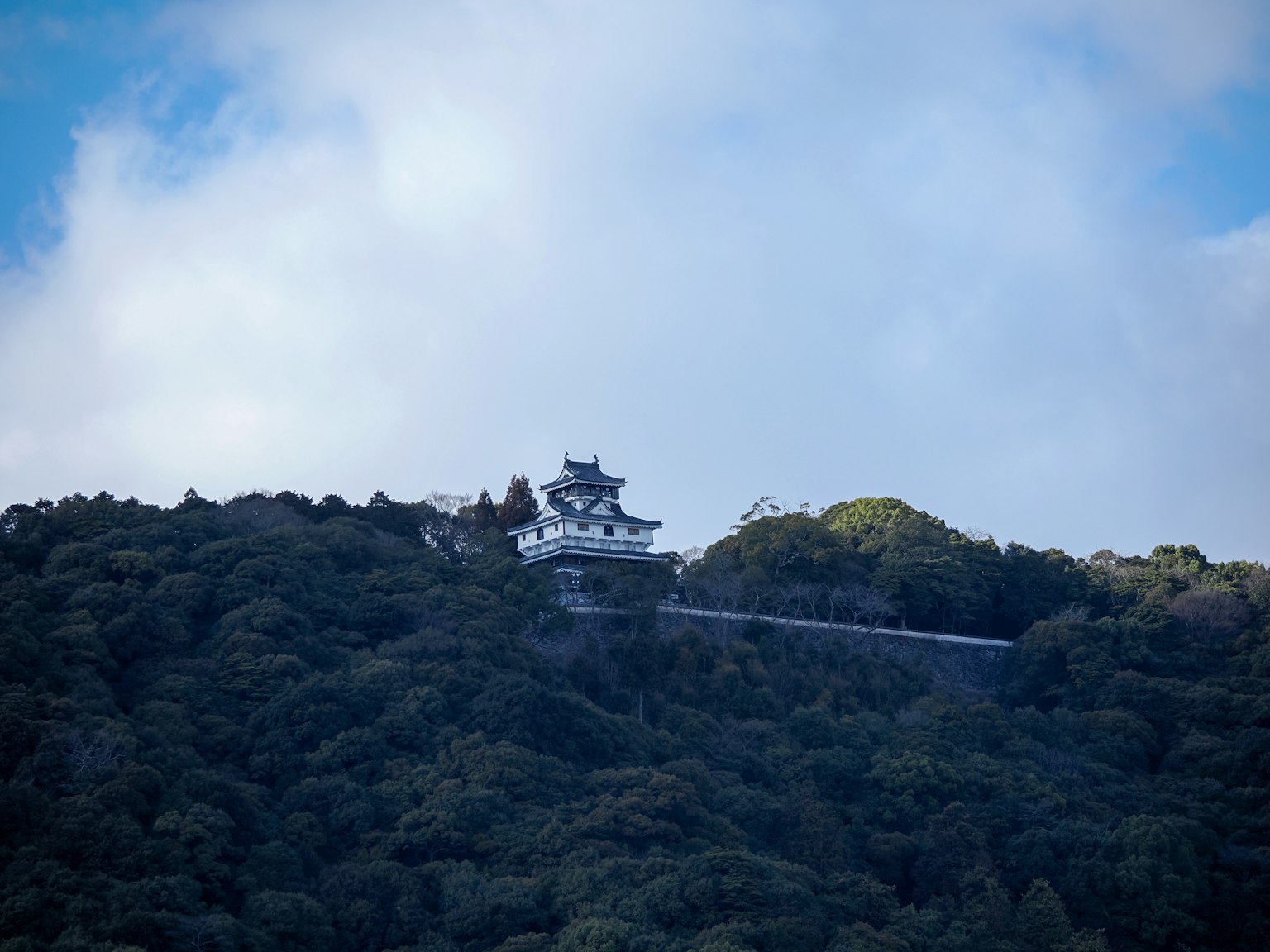 Vue panoramique d'un beau château situé sur une montagne avec un ciel brumeux en arrière-plan